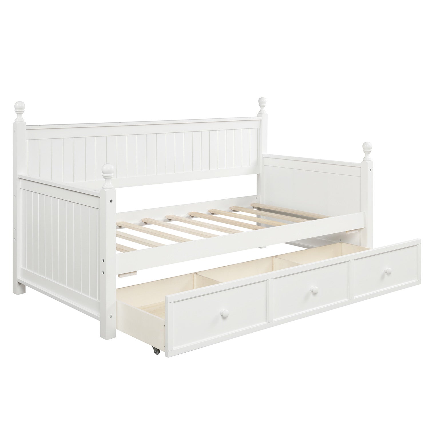 White wooden daybed with three pullout drawers