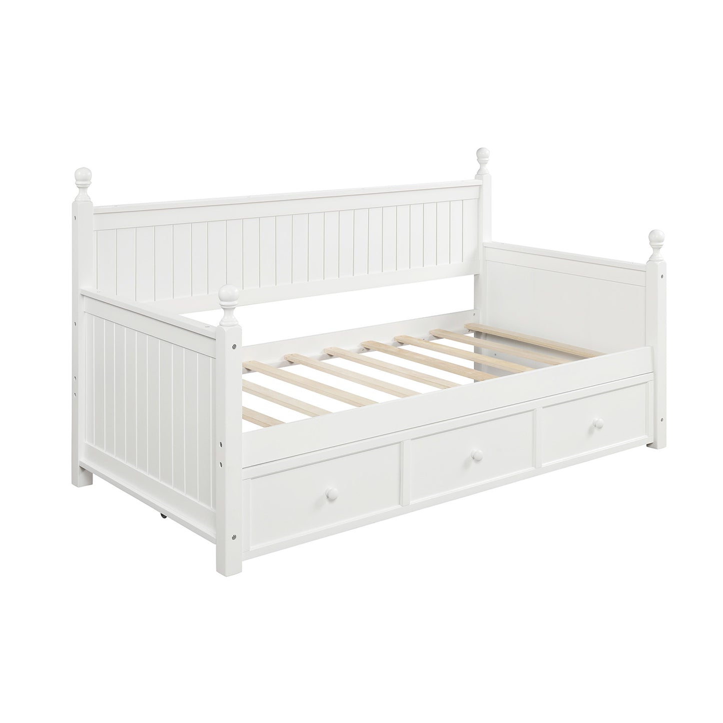 White wooden daybed with three drawers and slatted base