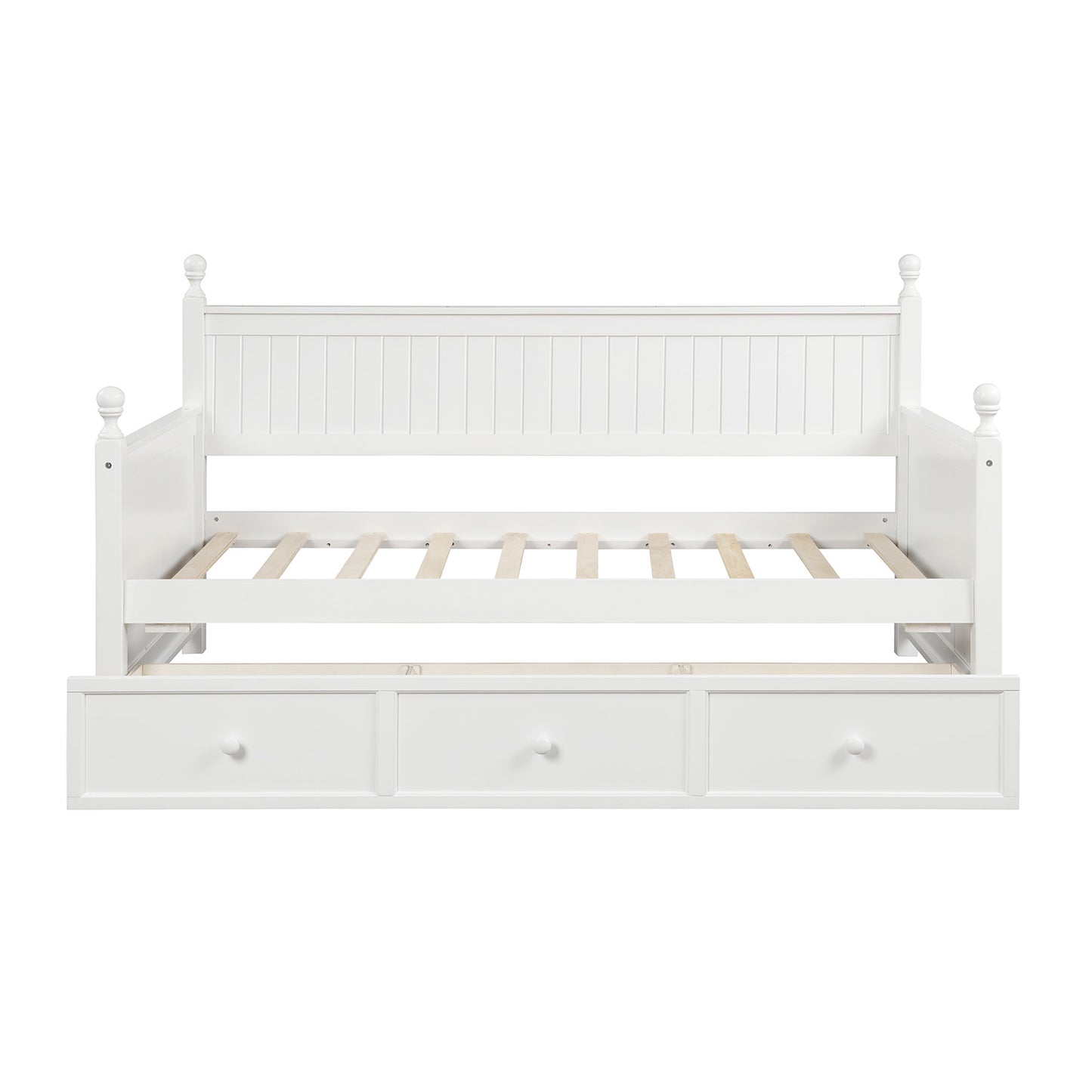 White wooden daybed with three storage drawers