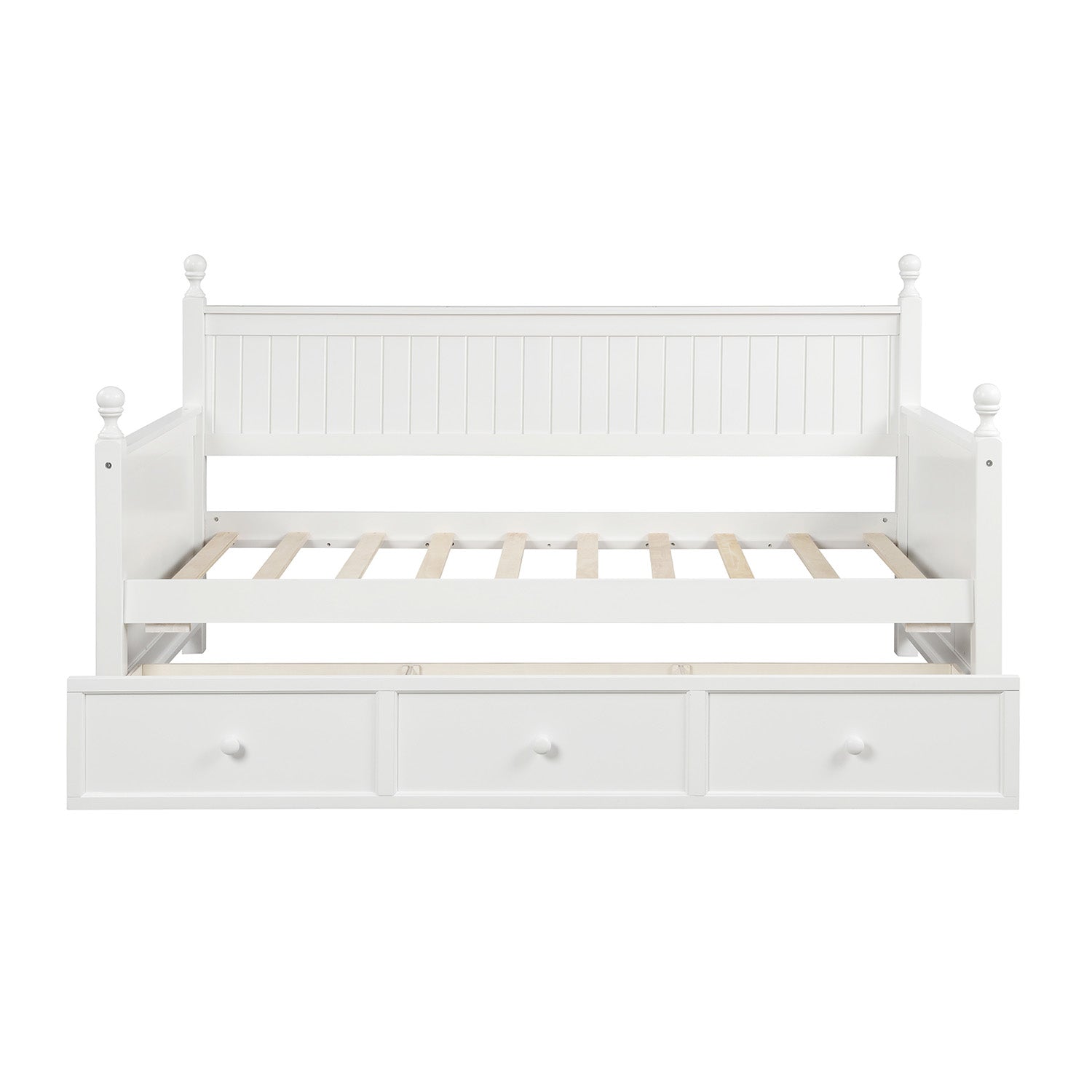 White wooden daybed with three storage drawers