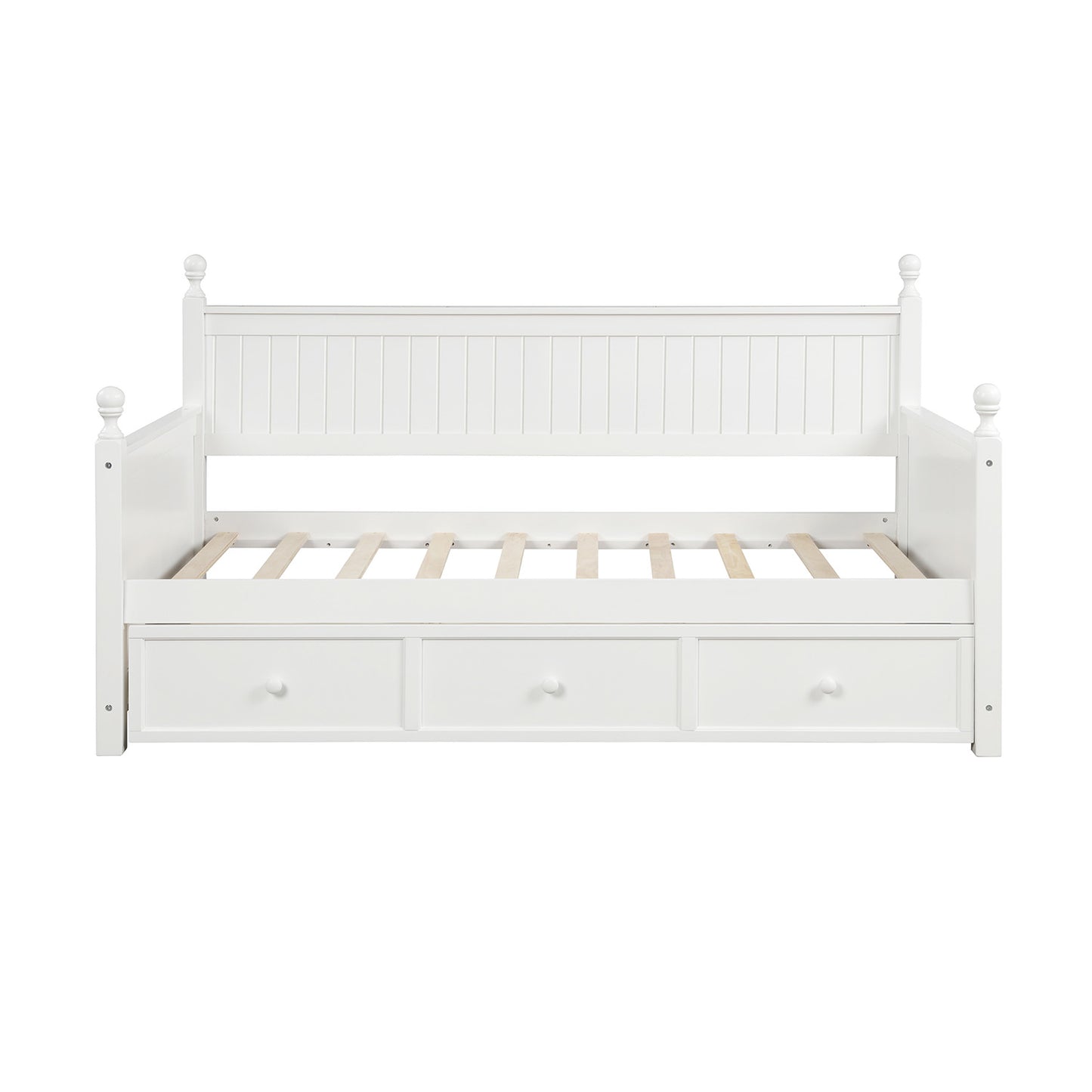 White wooden daybed with three storage drawers and slatted frame
