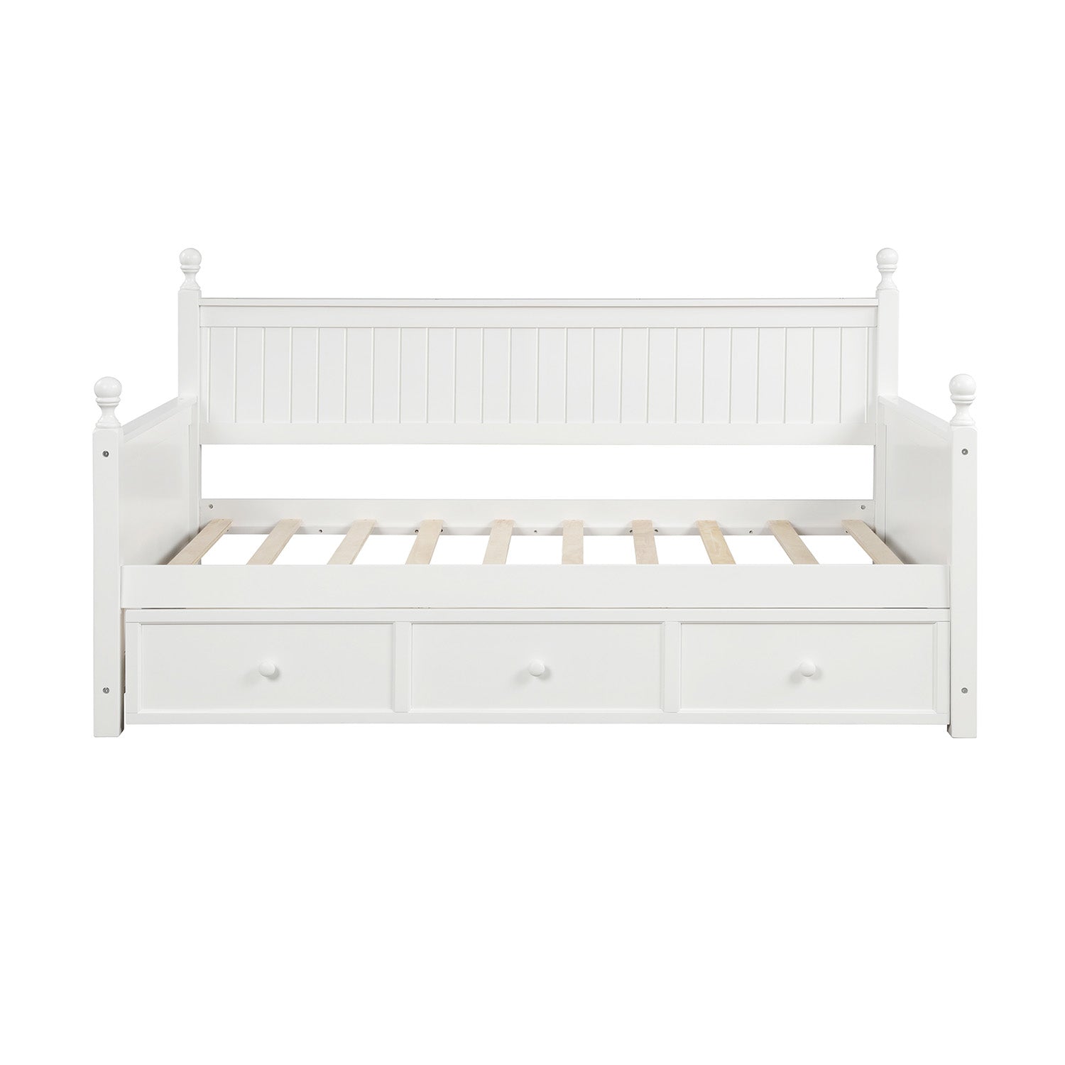 White wooden daybed with three storage drawers and slatted frame