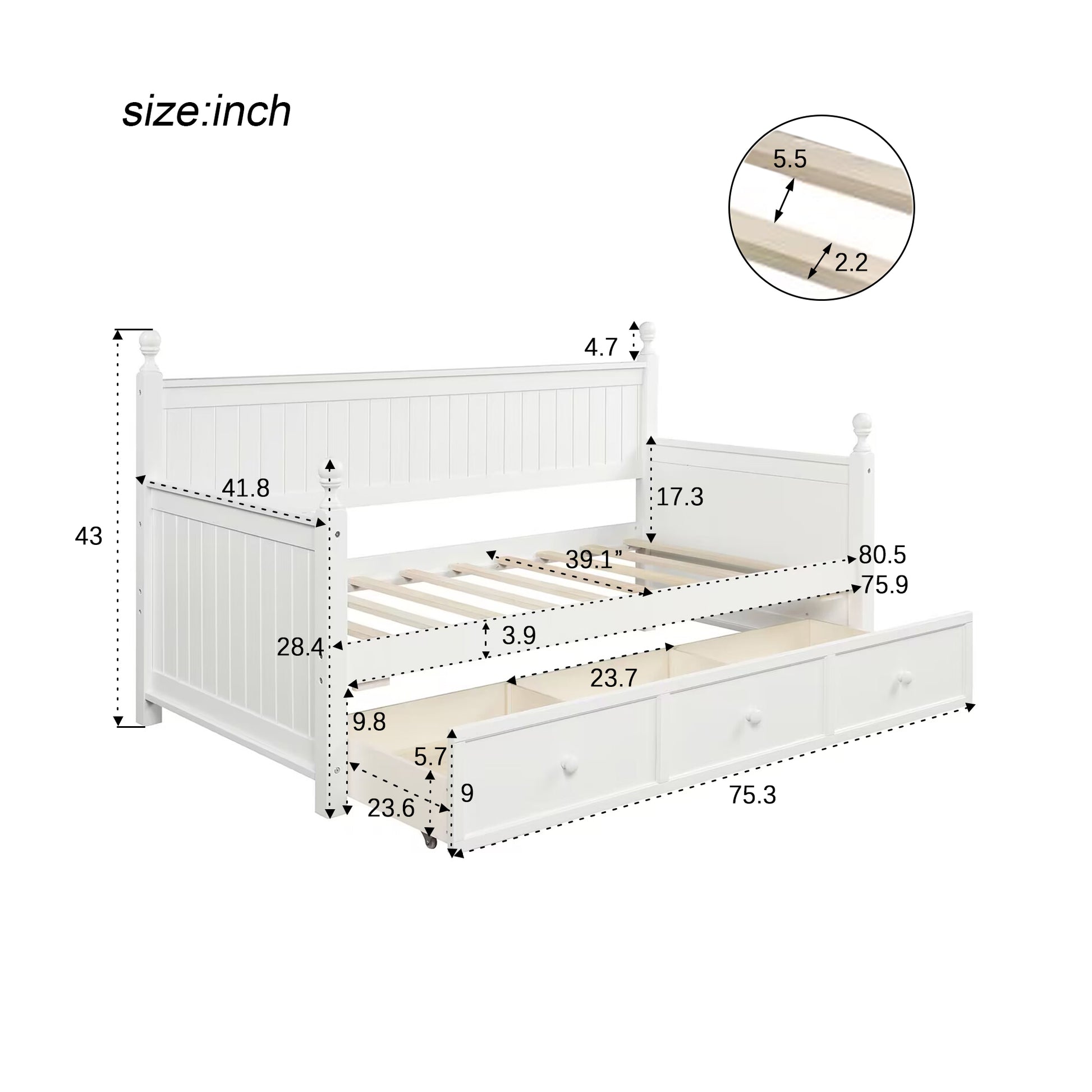 White wooden twin bed frame with three drawers and detailed dimensions