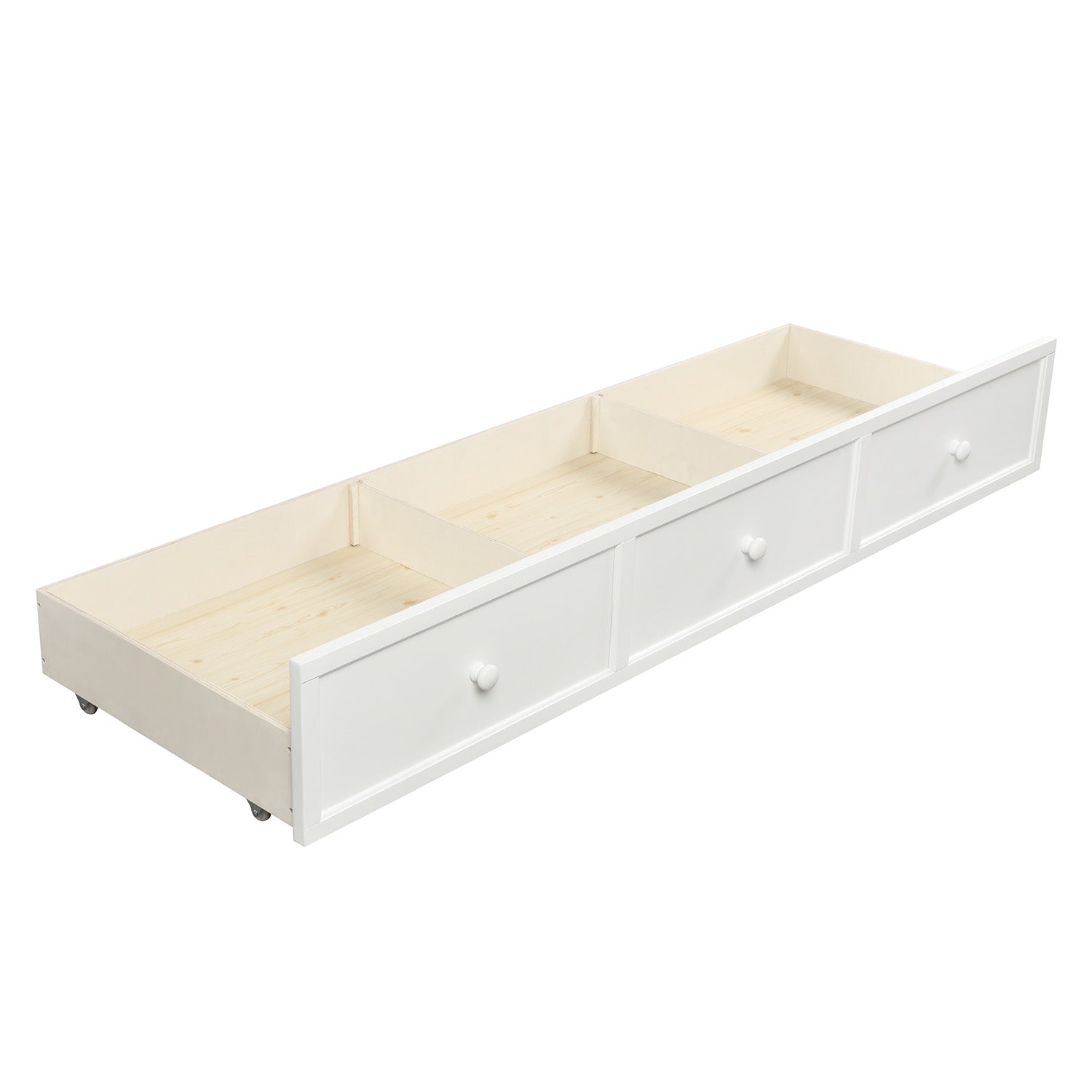 White wooden underbed storage drawer with three compartments and three round knobs