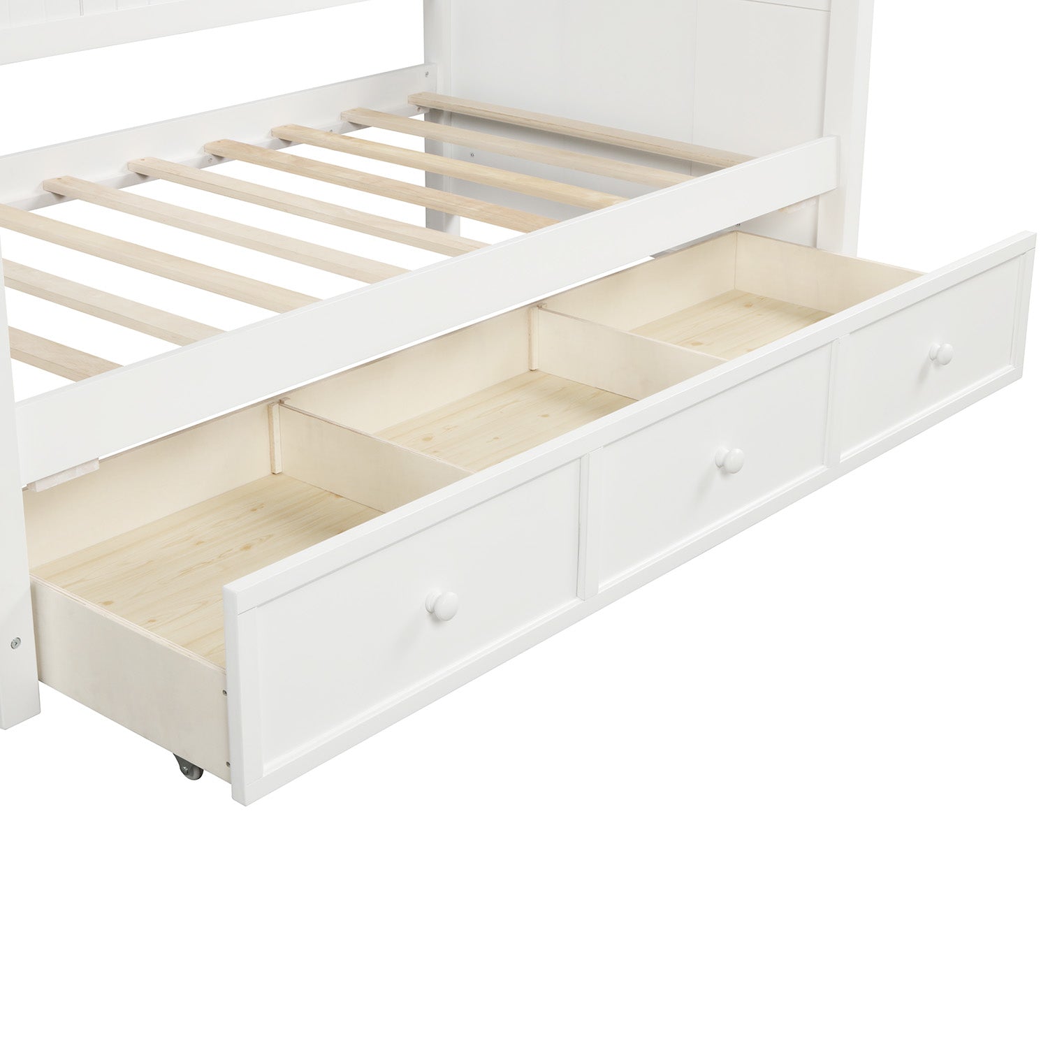 White wooden daybed with three spacious drawers
