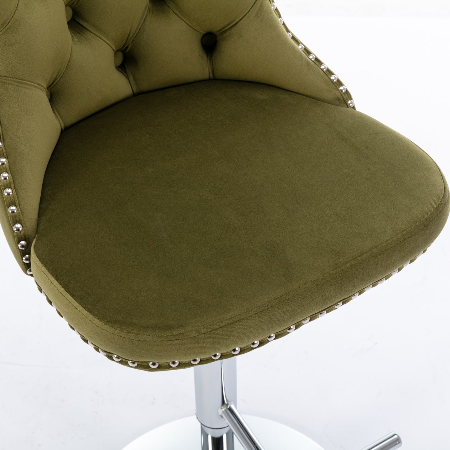 Olive green velvet bar stool with button tufting and silver nailhead trim