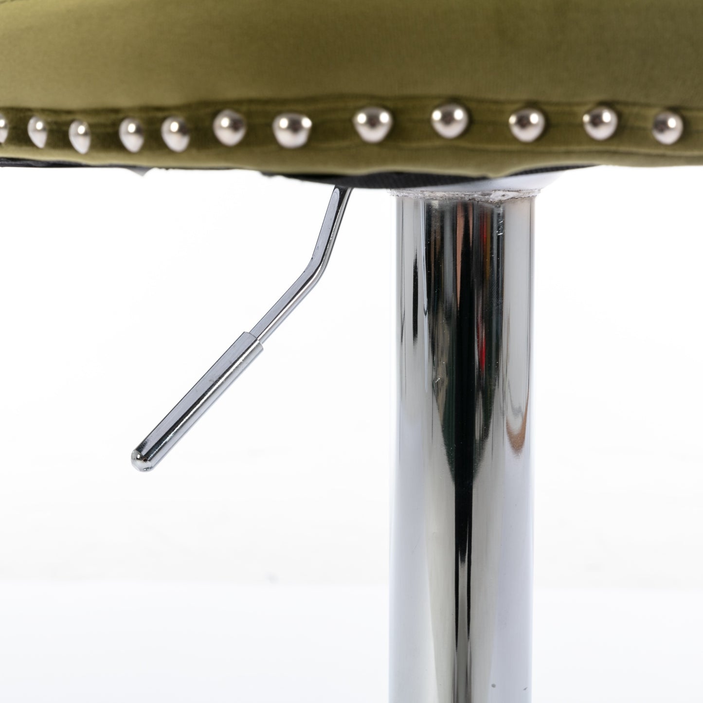 Olive green velvet bar stool seat with silver stud trim and chrome lever