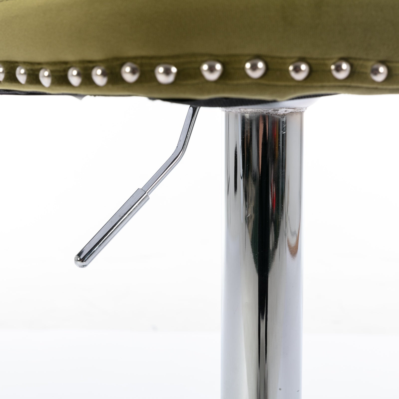 Olive green velvet bar stool seat with silver stud trim and chrome lever