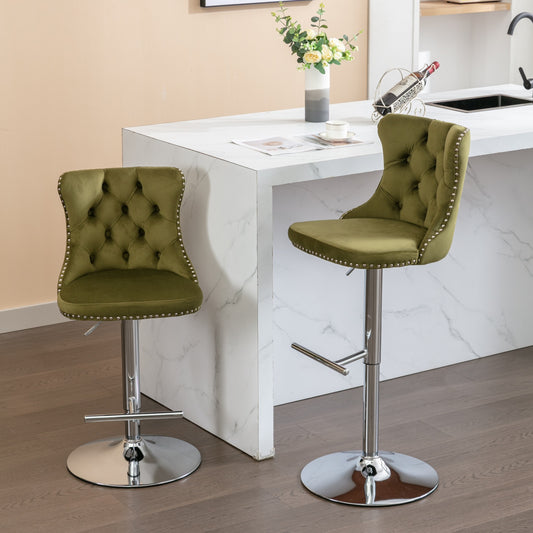 Olive green velvet bar stool with tufted back and silver nailhead trim