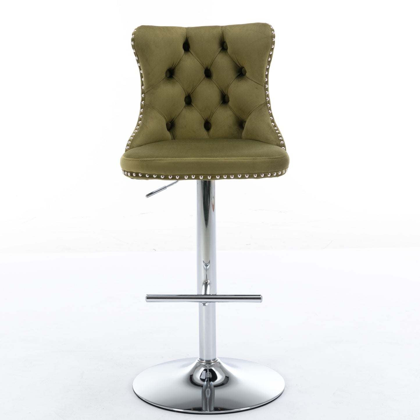 Olive green velvet bar stool with diamond tufting and silver nailhead trim
