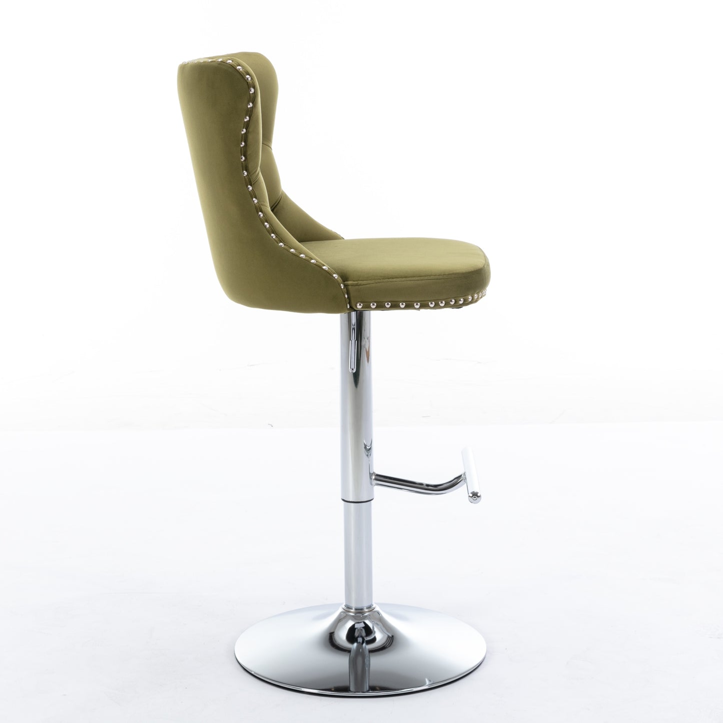 Velvet olive green bar stool with silver nailhead trim and adjustable chrome base