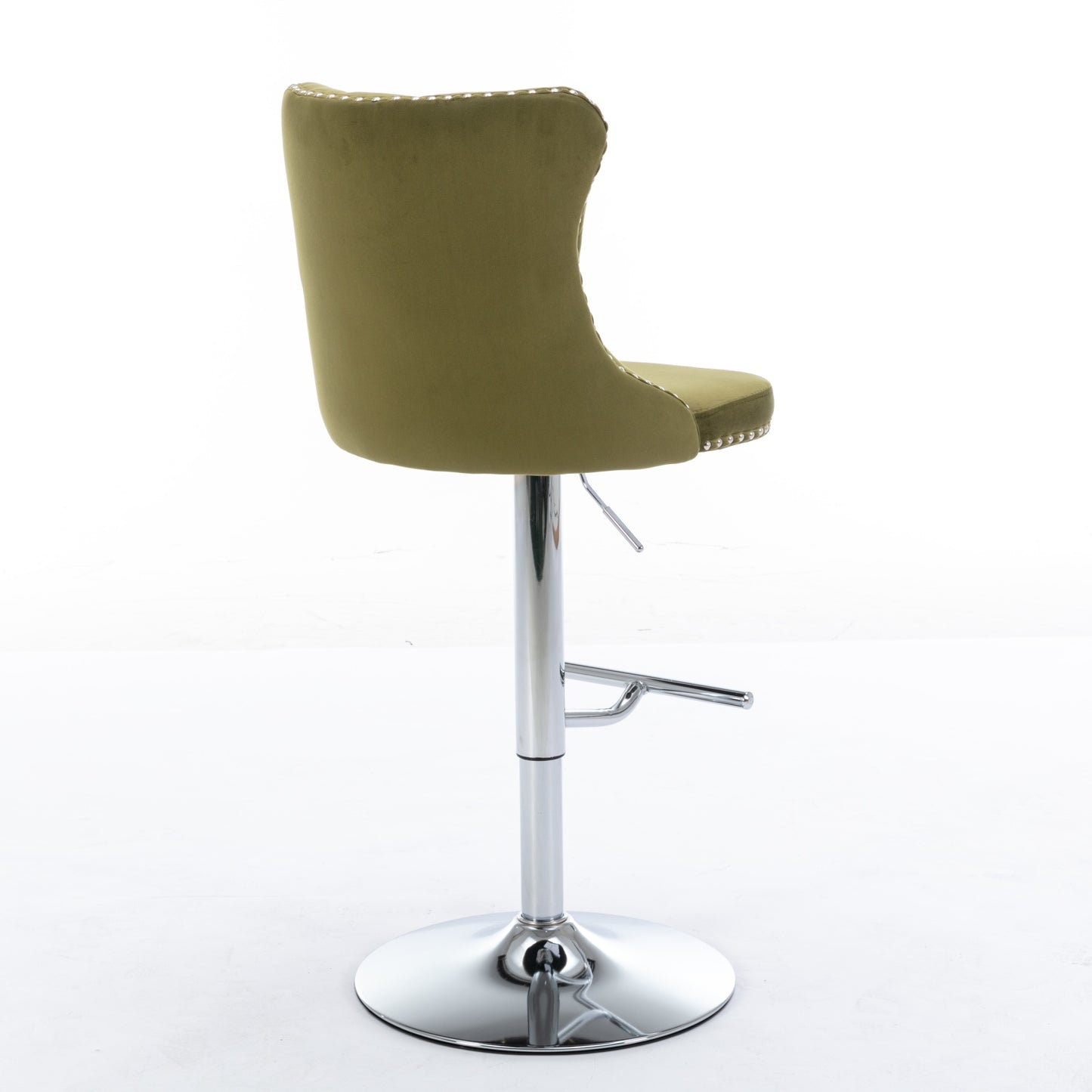 Olive green velvet tufted bar stool with silver nailhead trim and chrome base