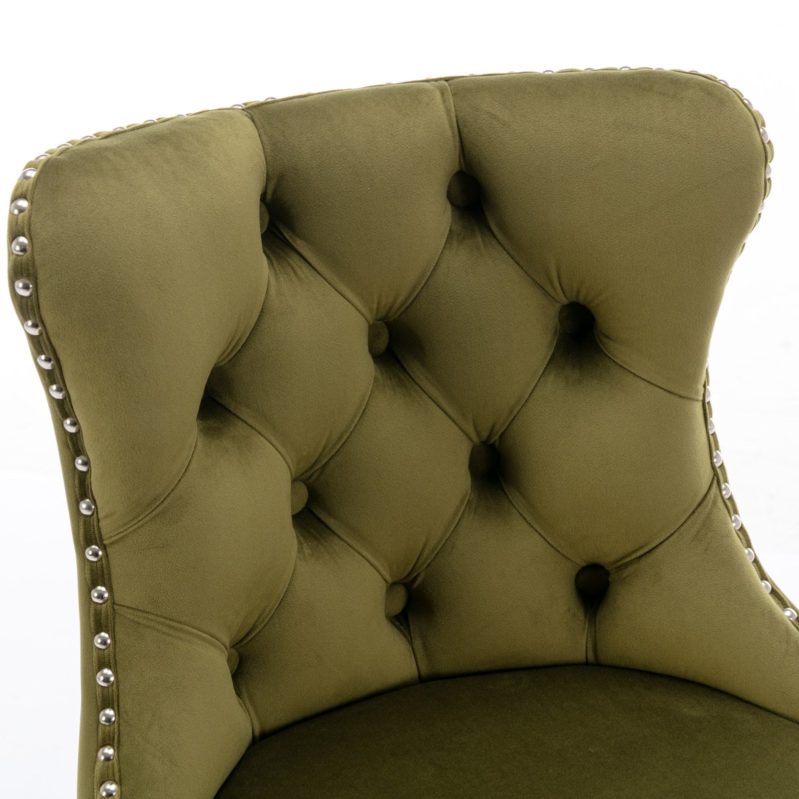 Olive velvet accent chair with diamond tufting and silver nailhead trim