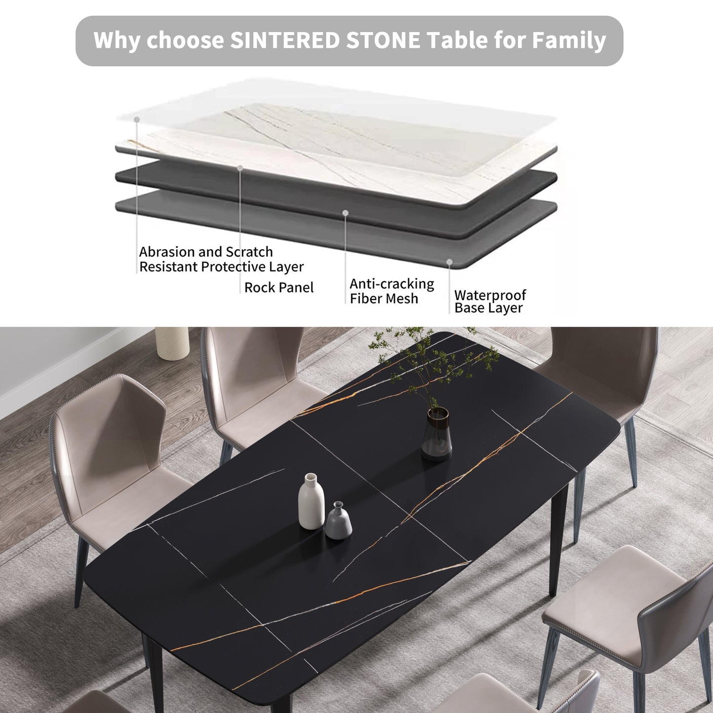 Black sintered stone dining table with white and gold veining