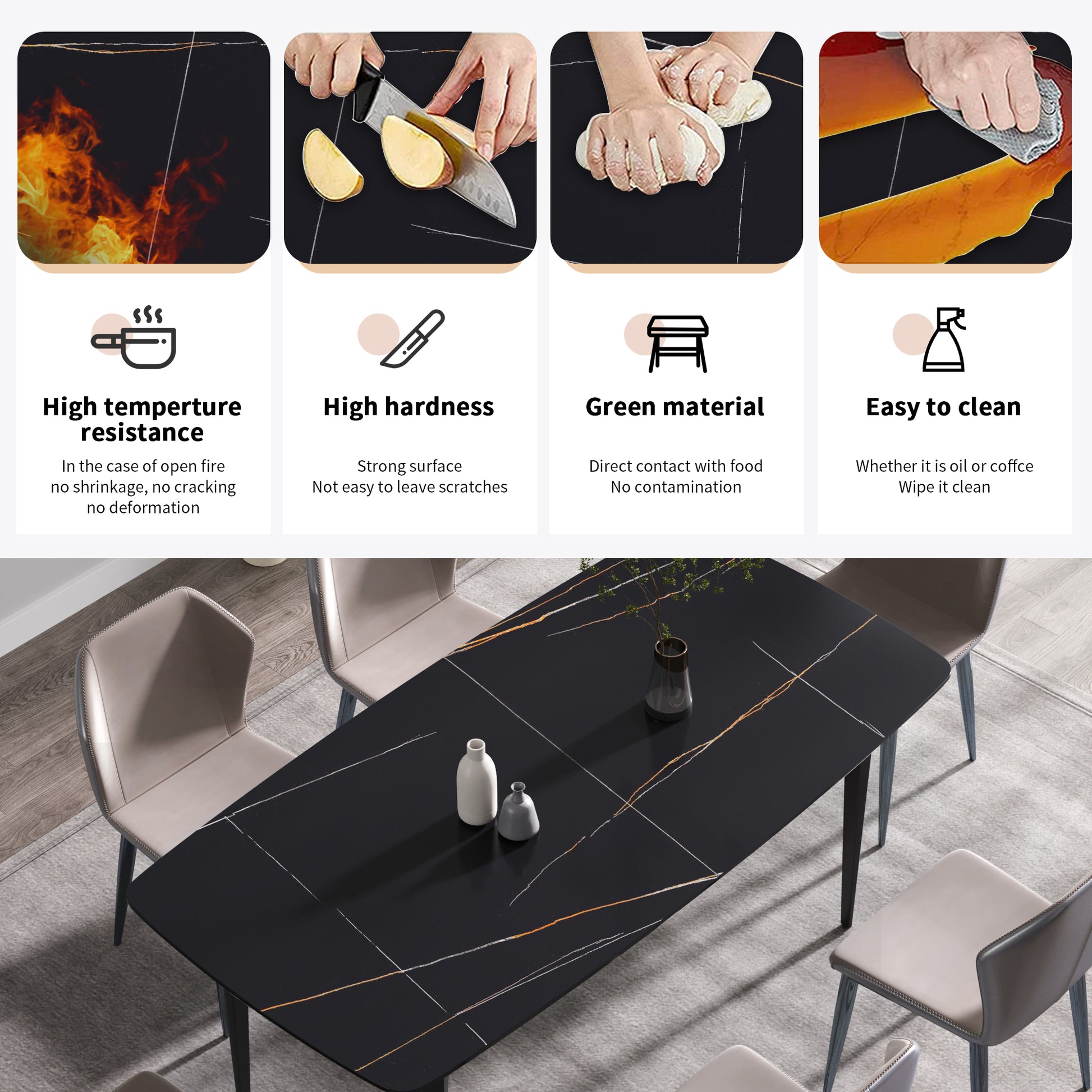 Black marble dining table with gold veins