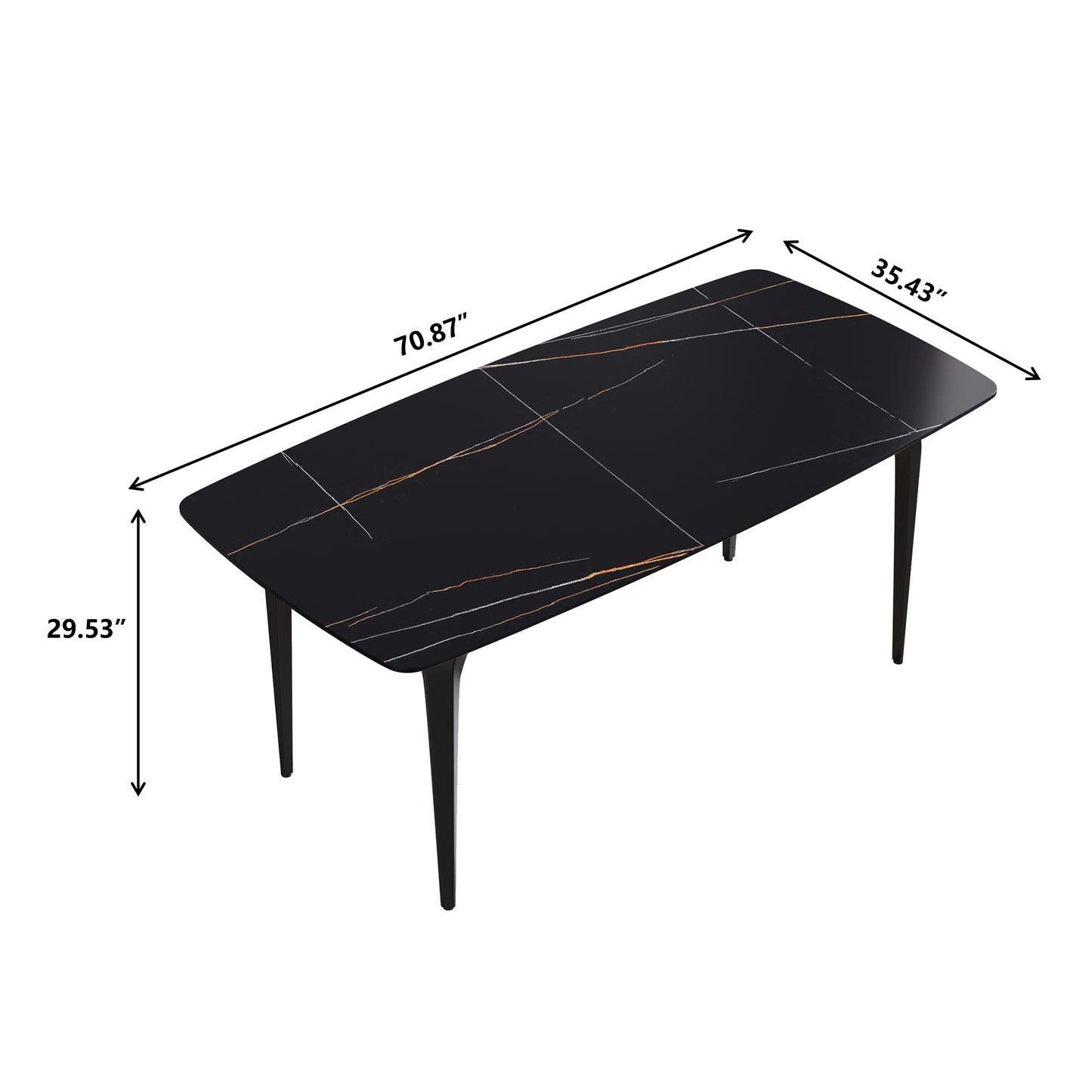 Modern black dining table with faux marble top and gold veining