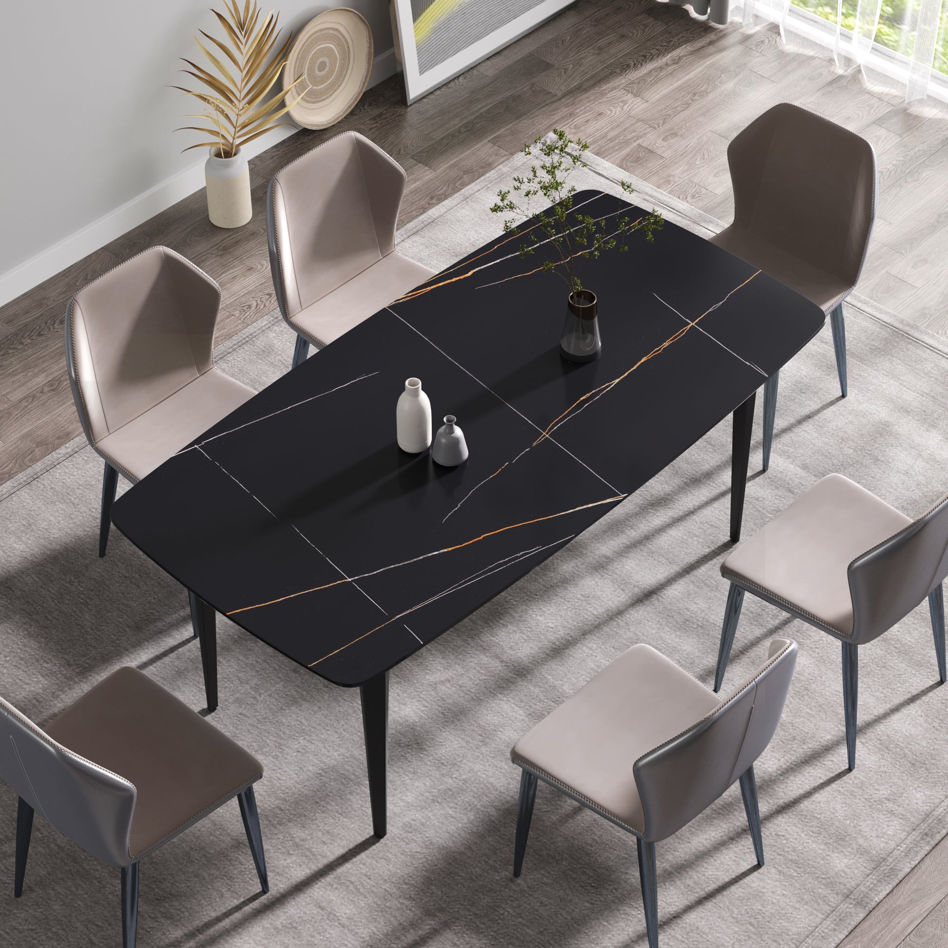 Modern black sintered stone dining table with gold veining