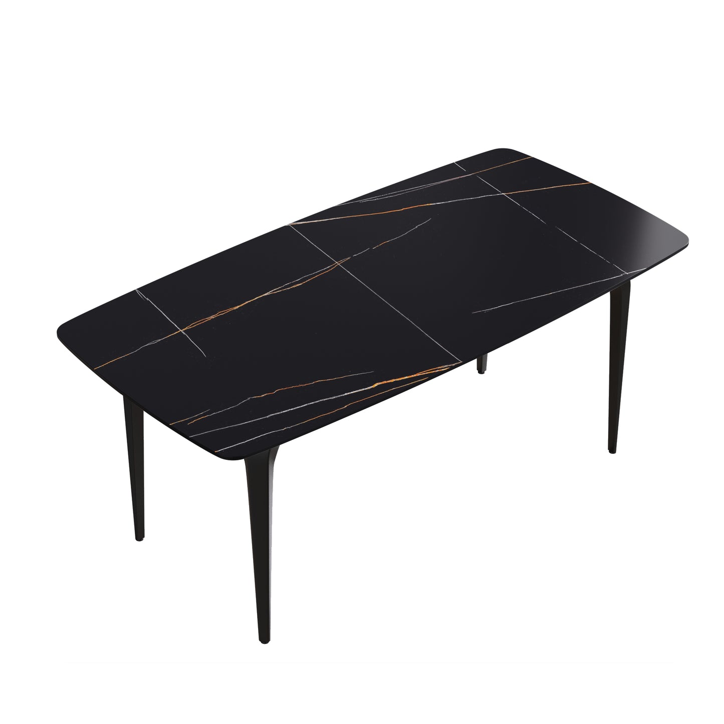Sleek black marble dining table with gold and white veining seats