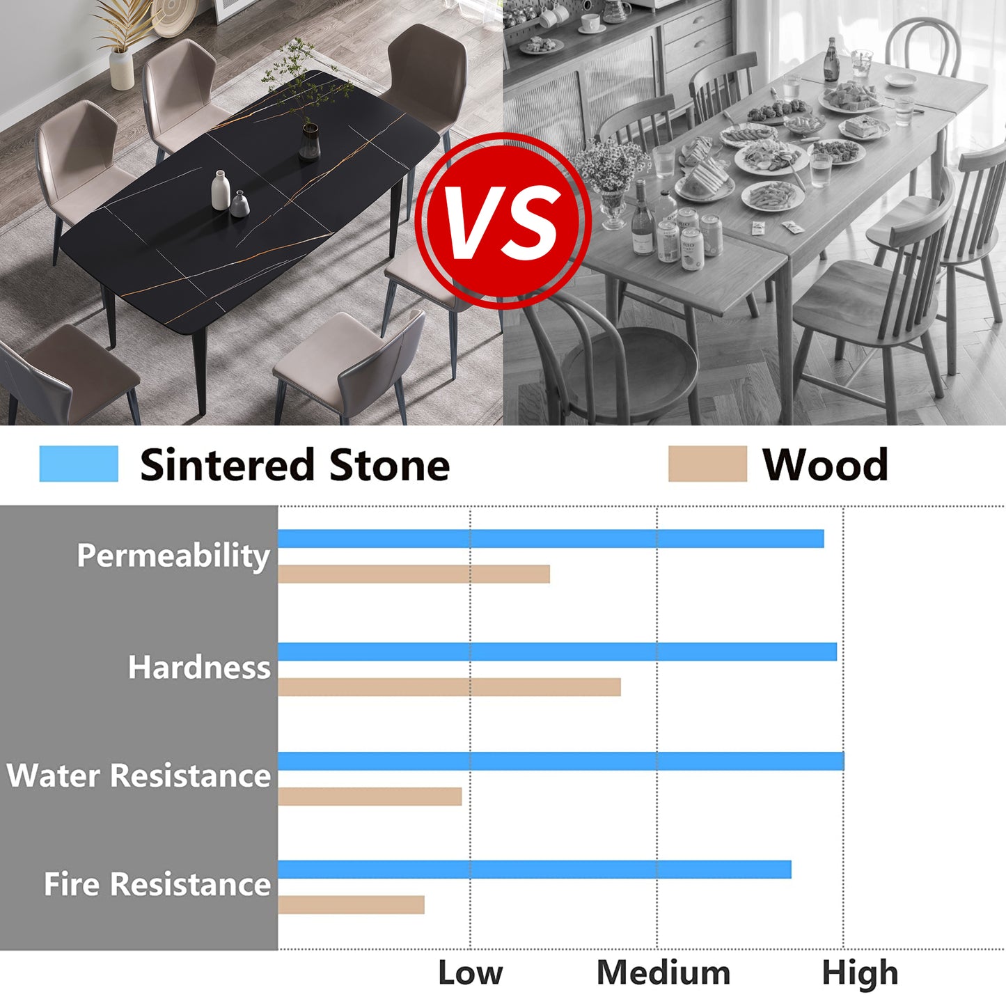 Black sintered stone dining table with gold geometric pattern seating six guests