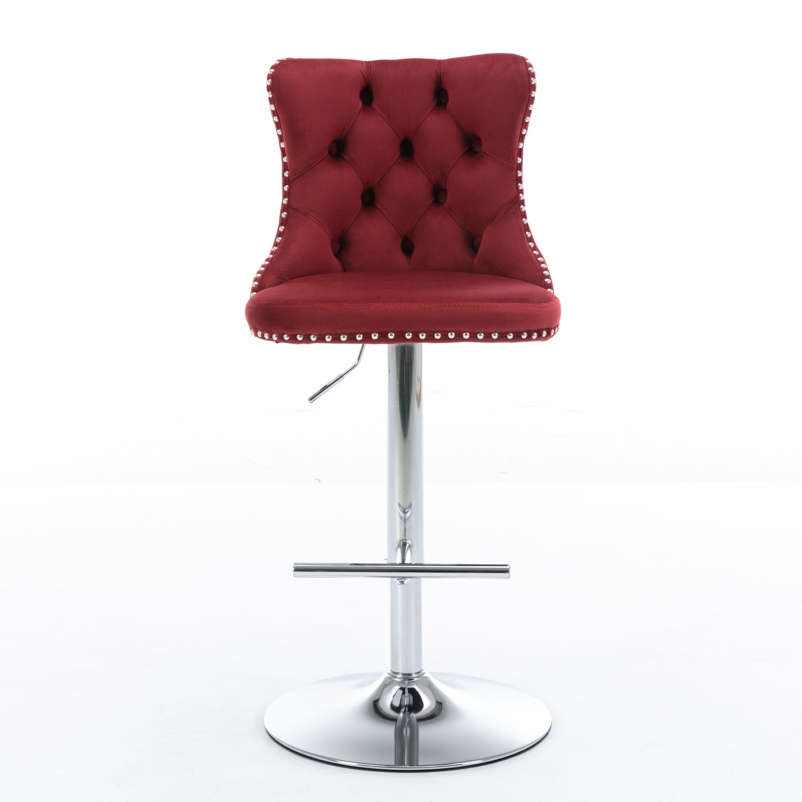 Red velvet tufted bar stool with silver nailhead trim