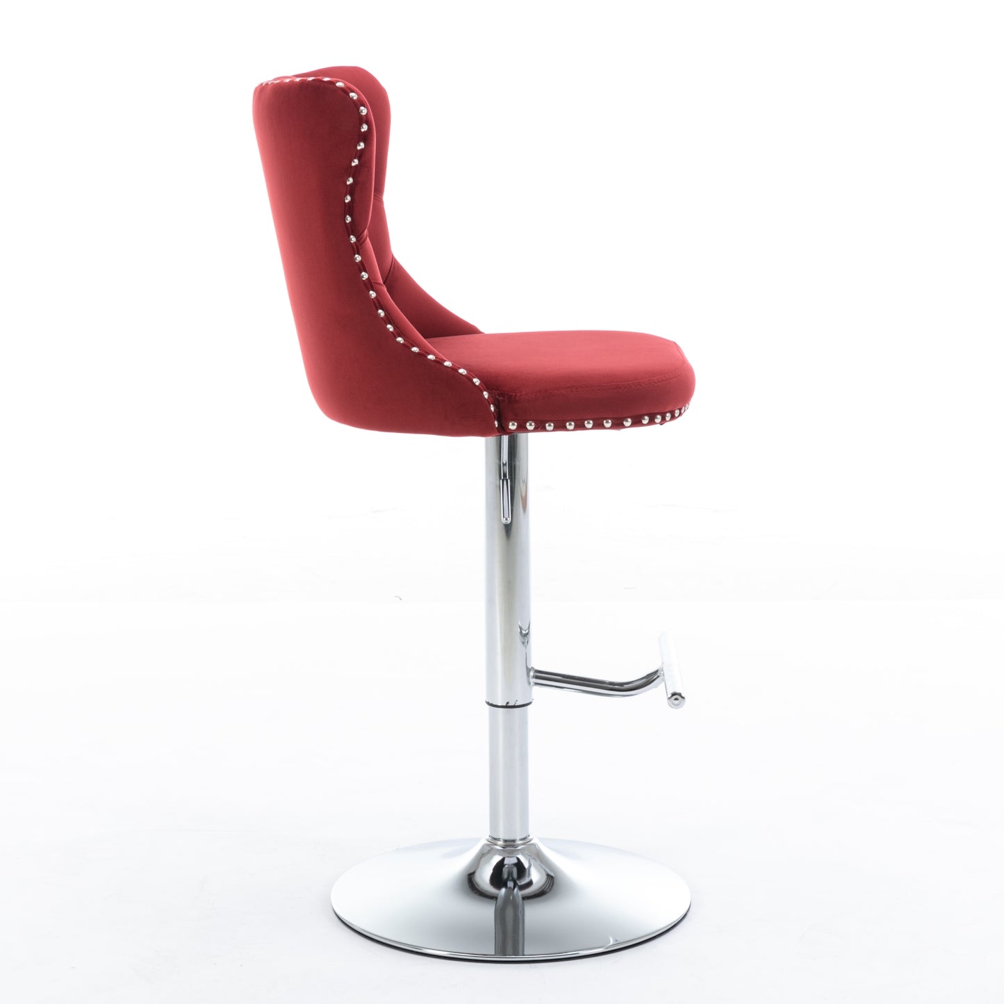 Red velvet bar stool with studded trim and chrome base