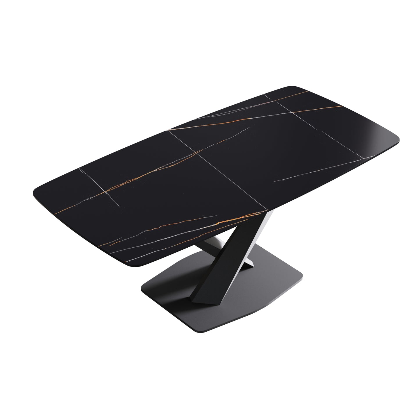Black marble dining table with gold veining and a matte black pedestal base