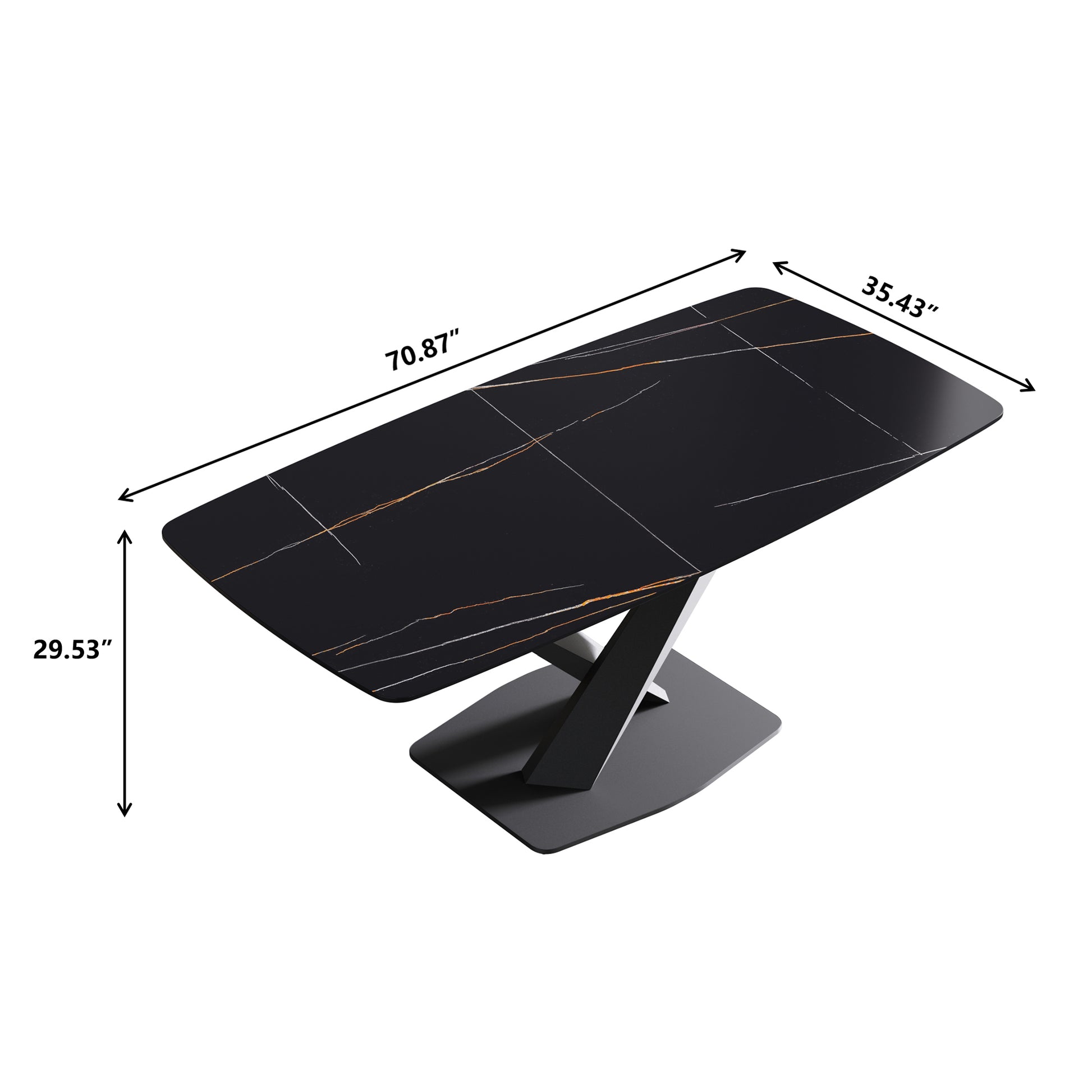 Modern black marble dining table with gold veining and pedestal base