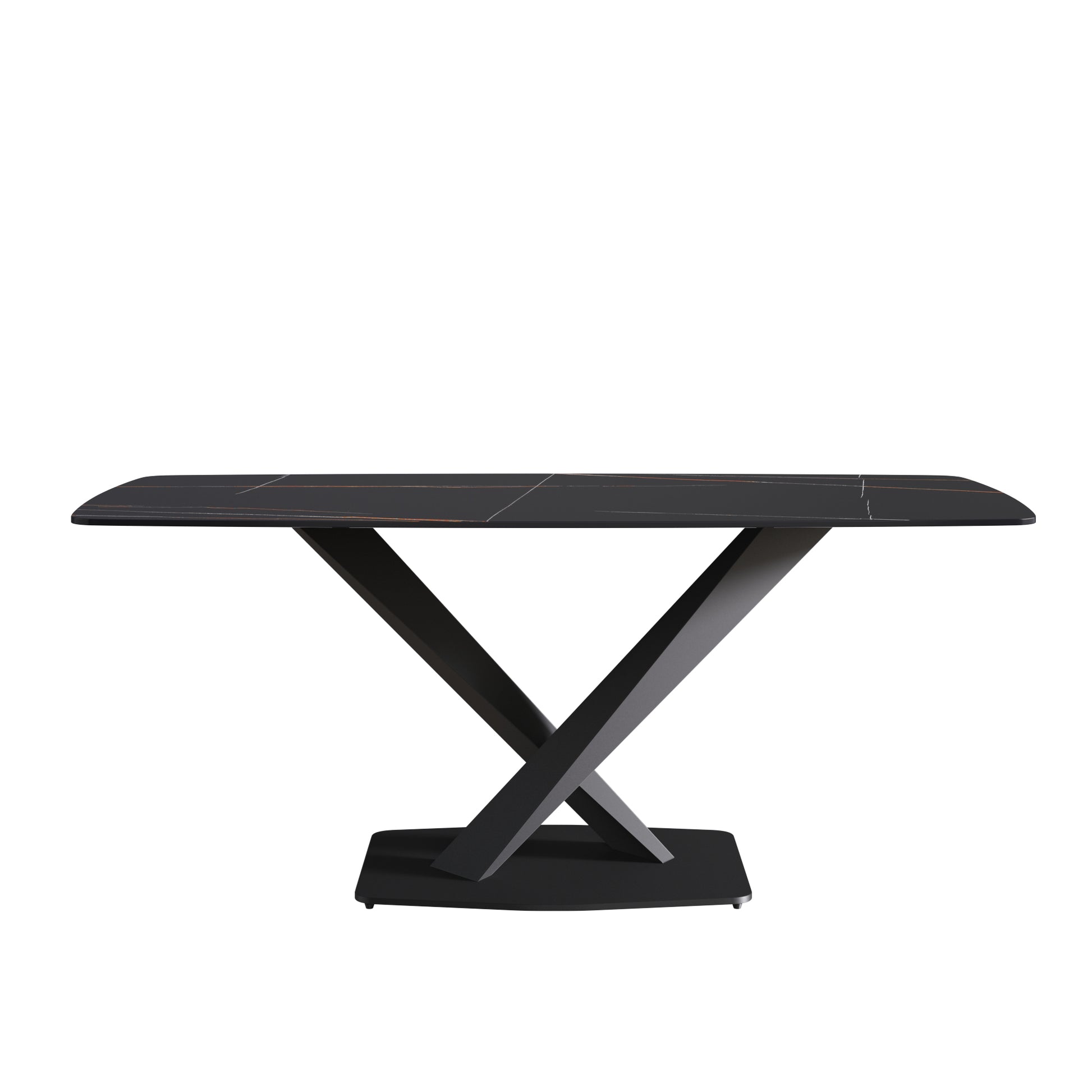 Modern black dining table with marbled ceramic top and Xbase