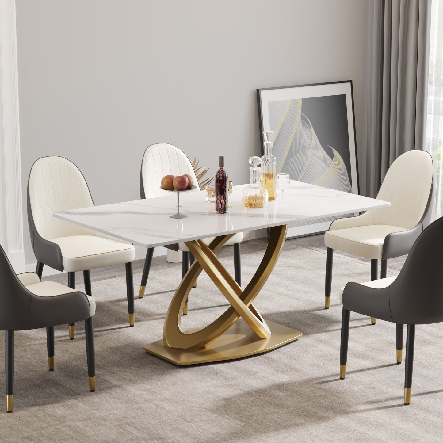 Modern white marble dining table with a striking gold sculptural base and upholstered chairs