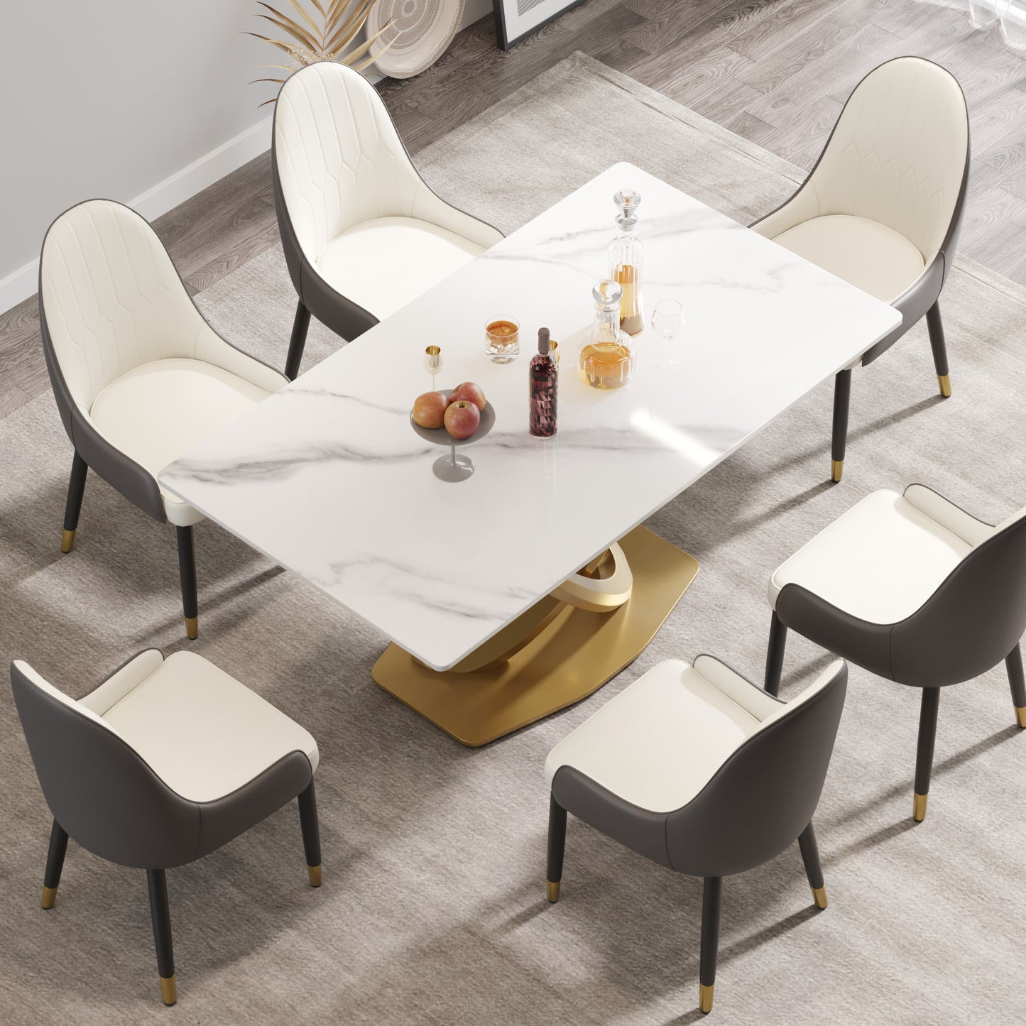 Modern dining set with white marblelook table and upholstered chairs