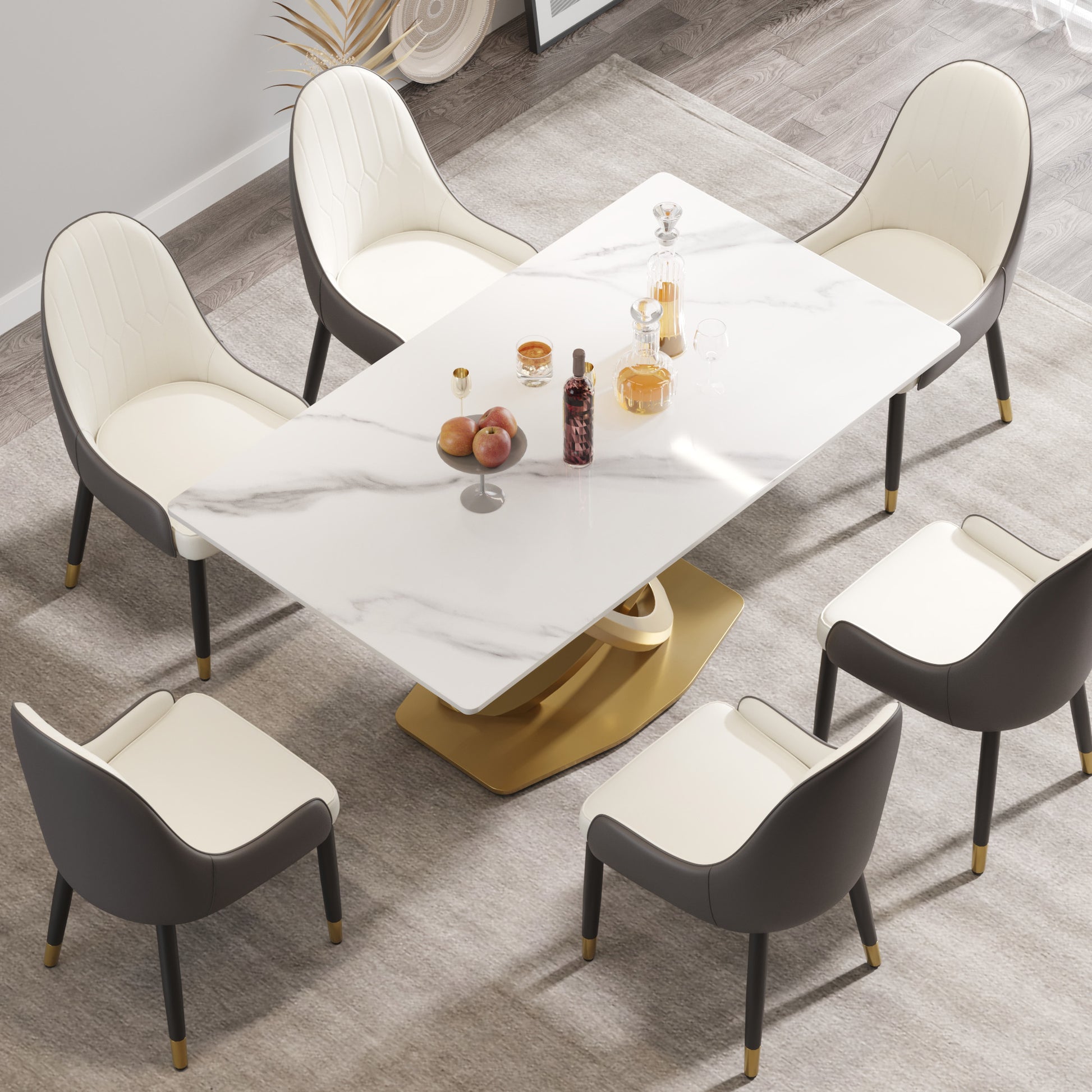 Modern dining set with white marblelook table and upholstered chairs
