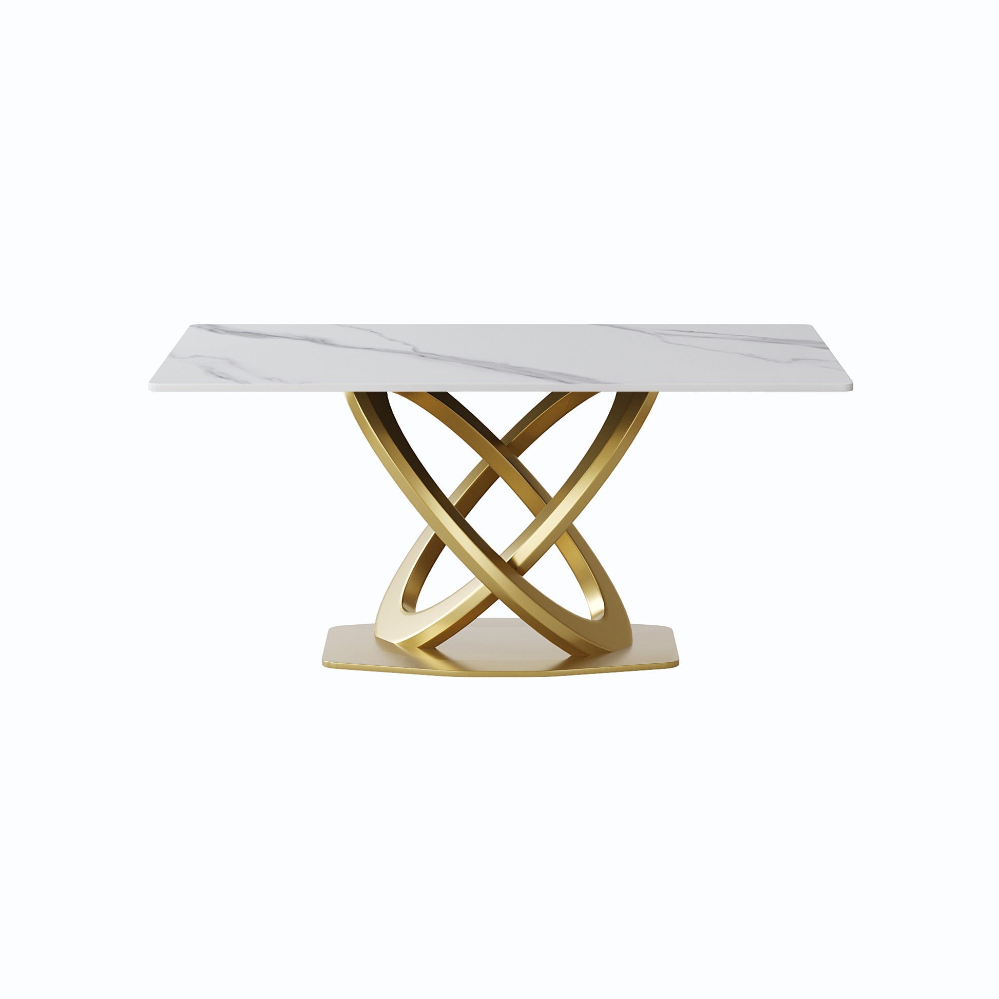 Rectangular marble top dining table with a gold interlocking geometric base