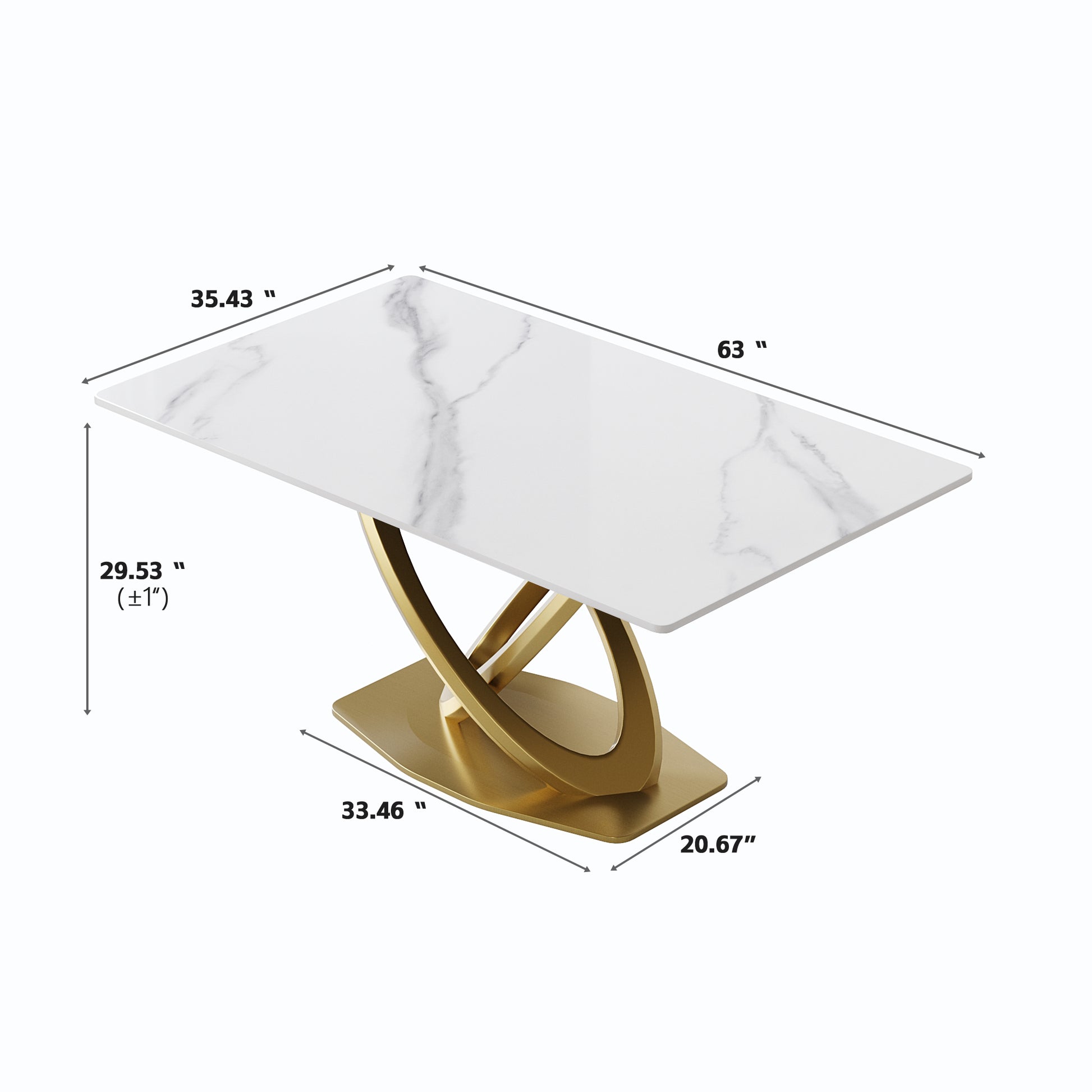 White marble dining table with contemporary gold pedestal base