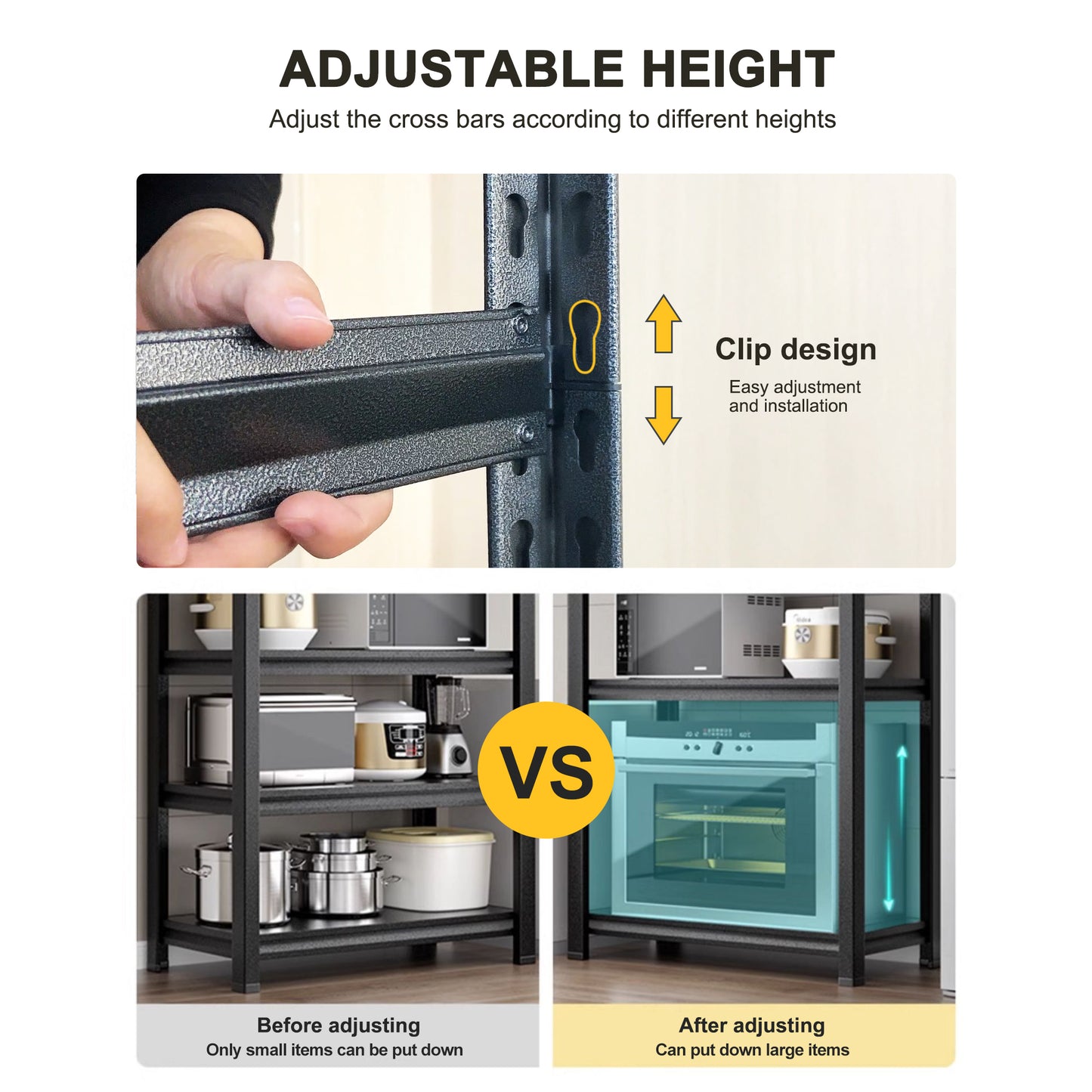 Black metal shelving unit with adjustable height clip design