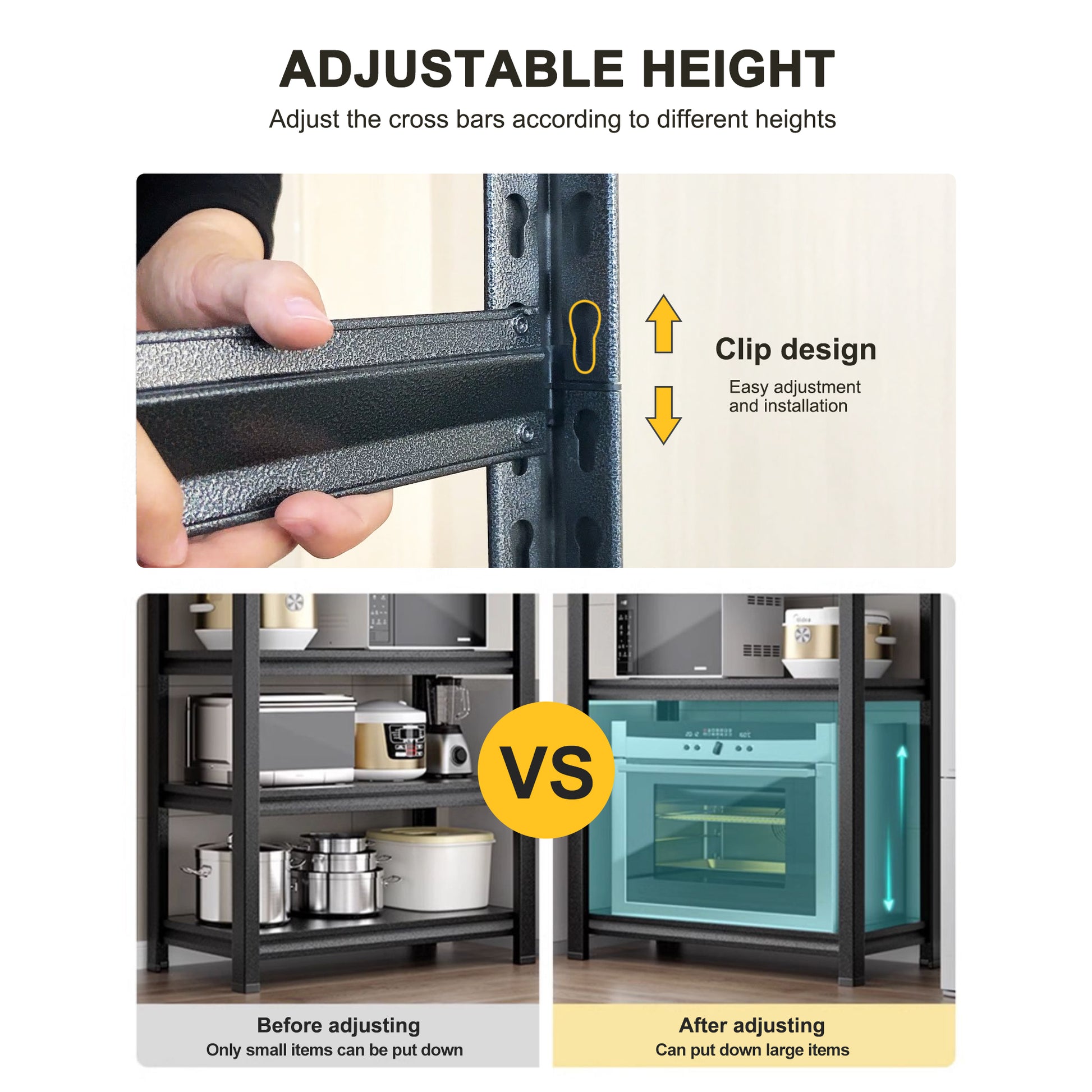 Black metal shelving unit with adjustable height clip design