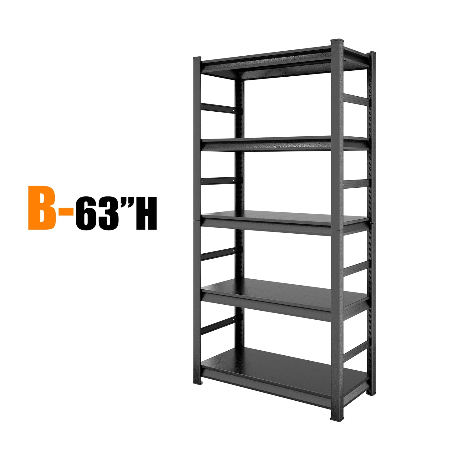 Tall black tier metal shelving unit with adjustable shelves