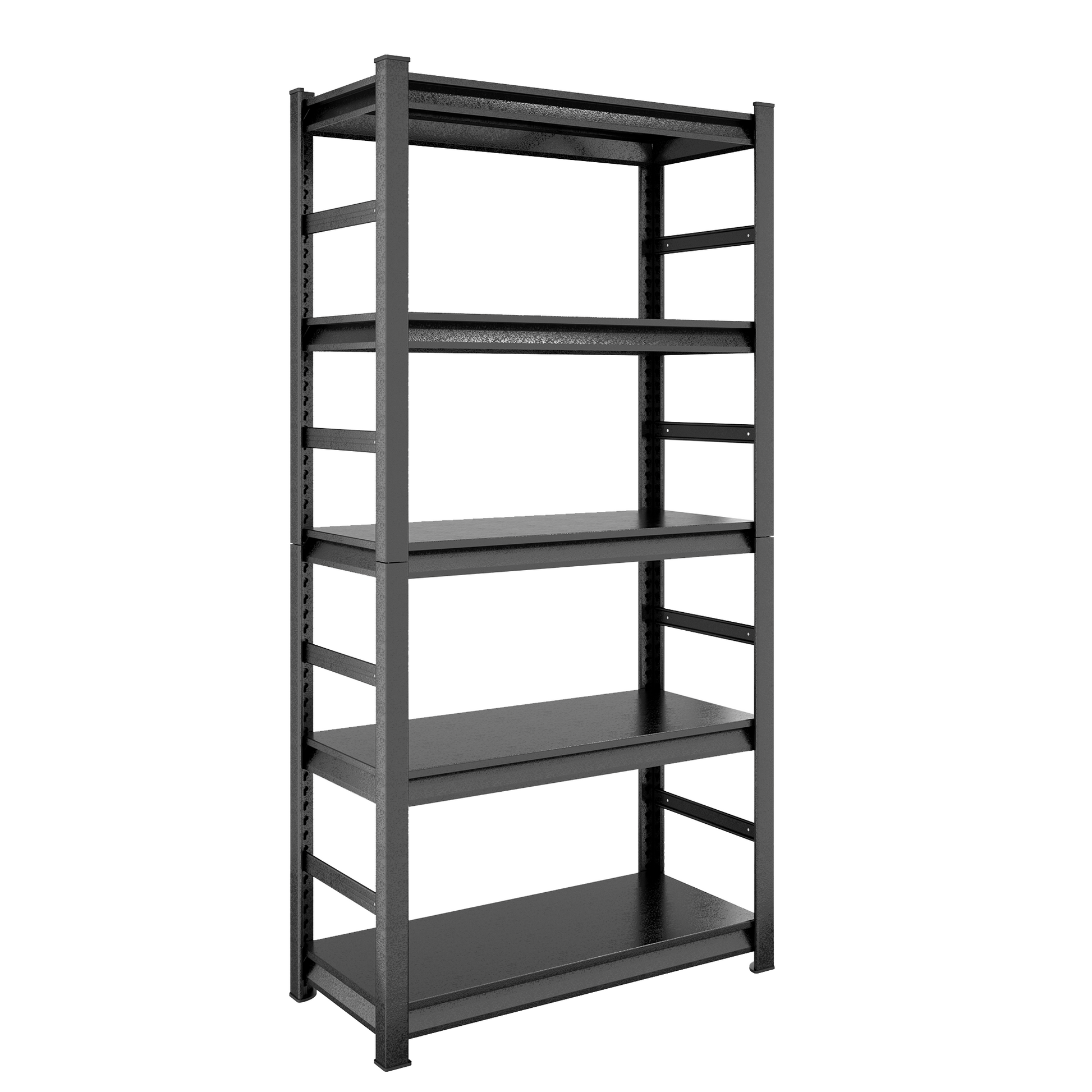 Black tier metal shelving unit with textured surfaces