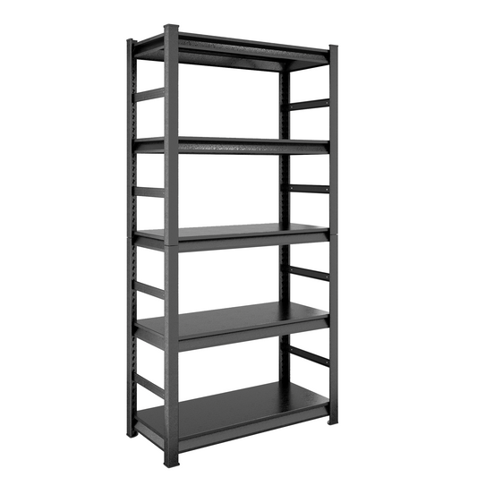 Black tier metal shelving unit with textured surfaces
