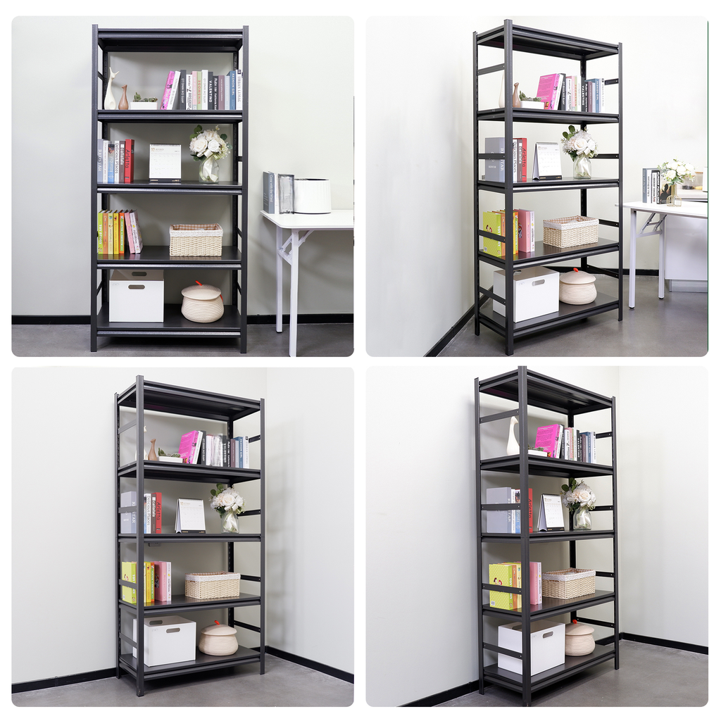 Black metal shelf shelving unit with books and decor