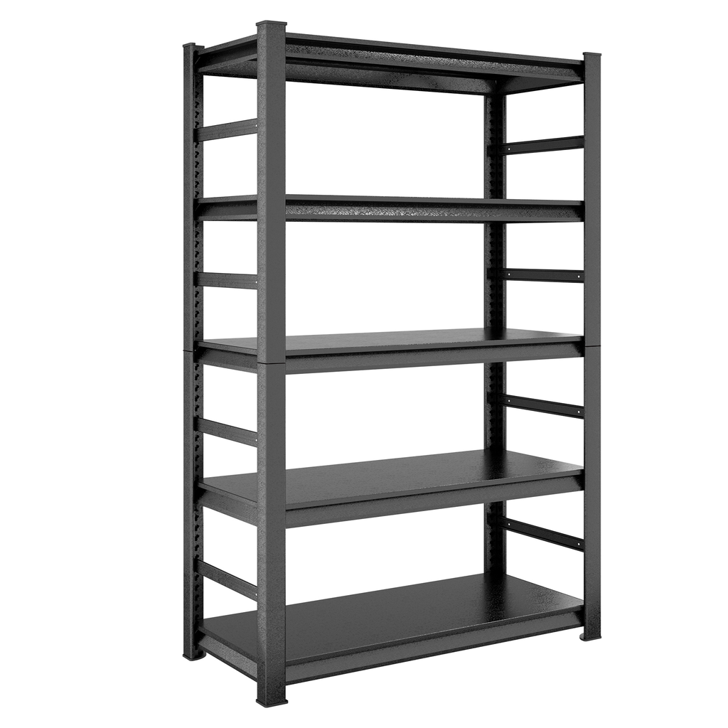 Heavyduty black metal shelving unit ideal for garage storage organization