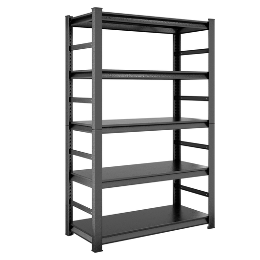 Heavyduty black metal shelving unit ideal for garage storage organization