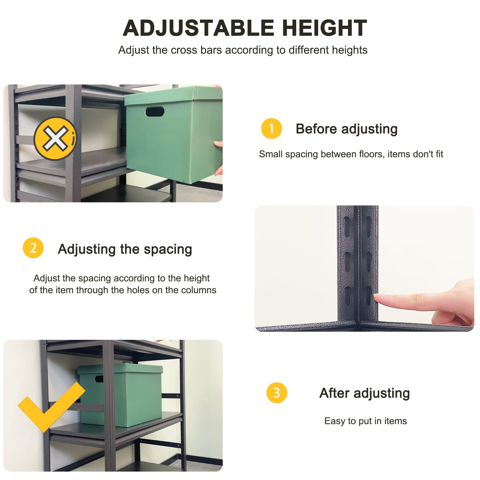 Dark gray metal shelving unit with adjustable shelf height and green storage box