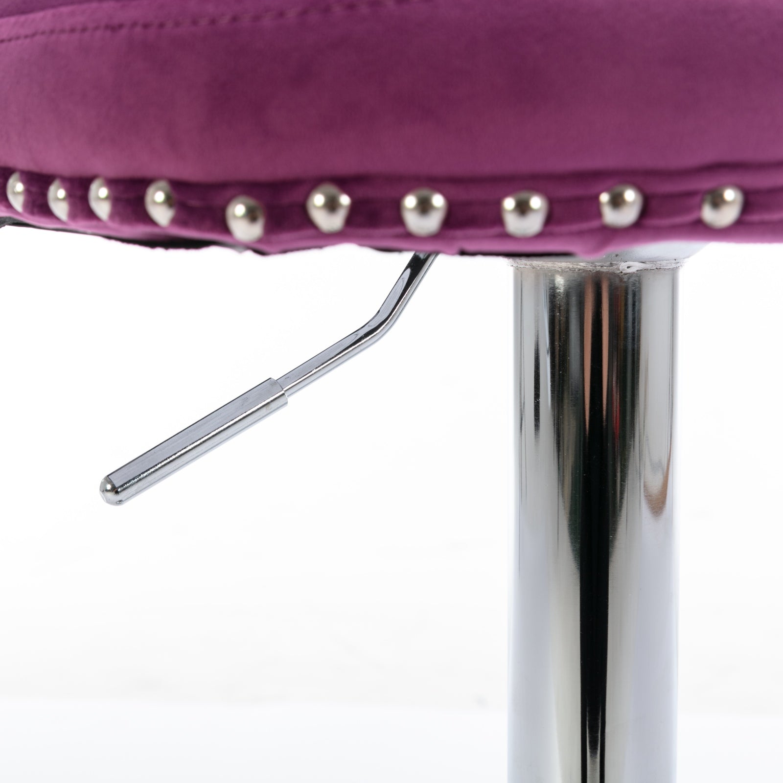 Plush purple velvet bar stool seat with chrome accents and lift lever