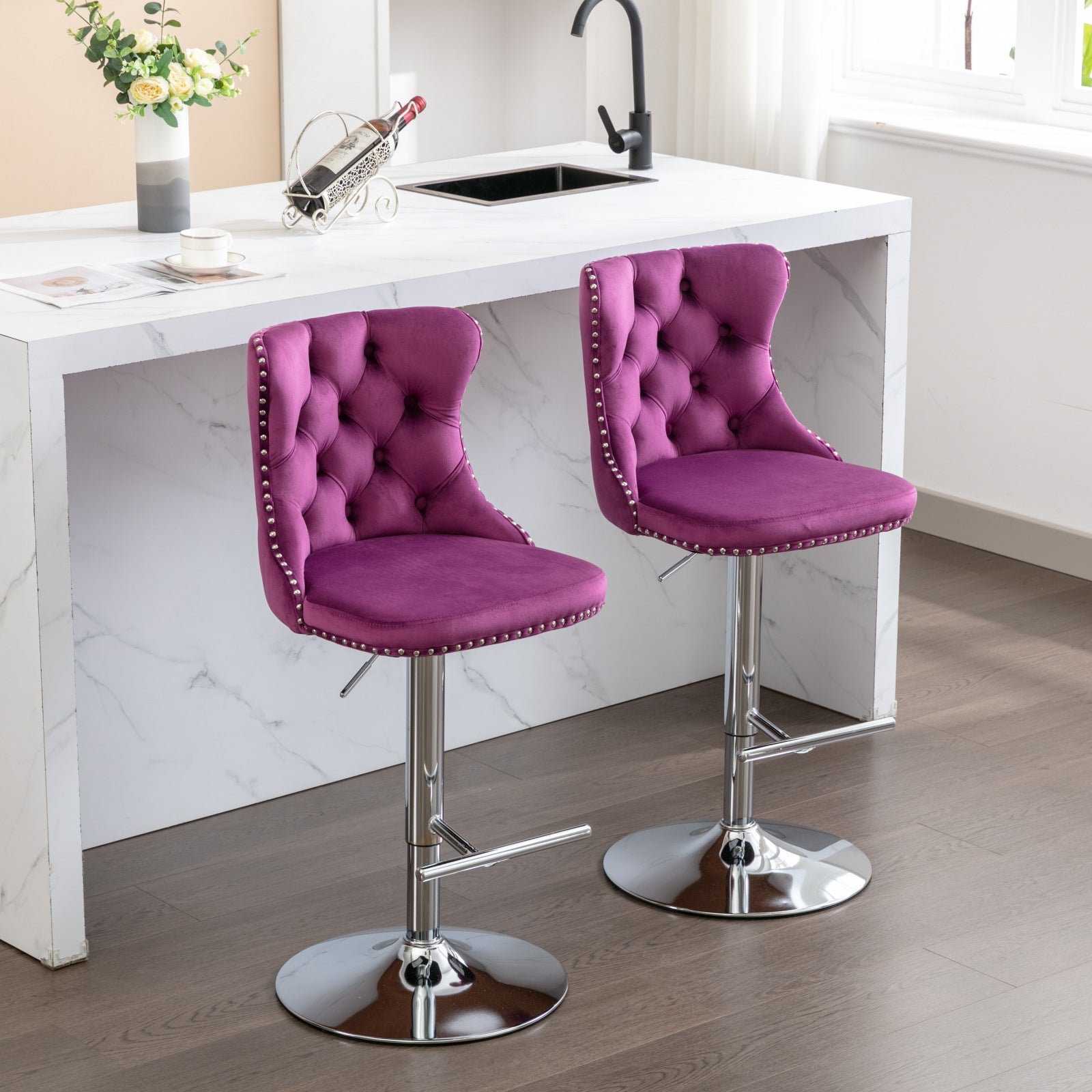 Plush purple velvet bar stool with button tufting and silver nailhead trim