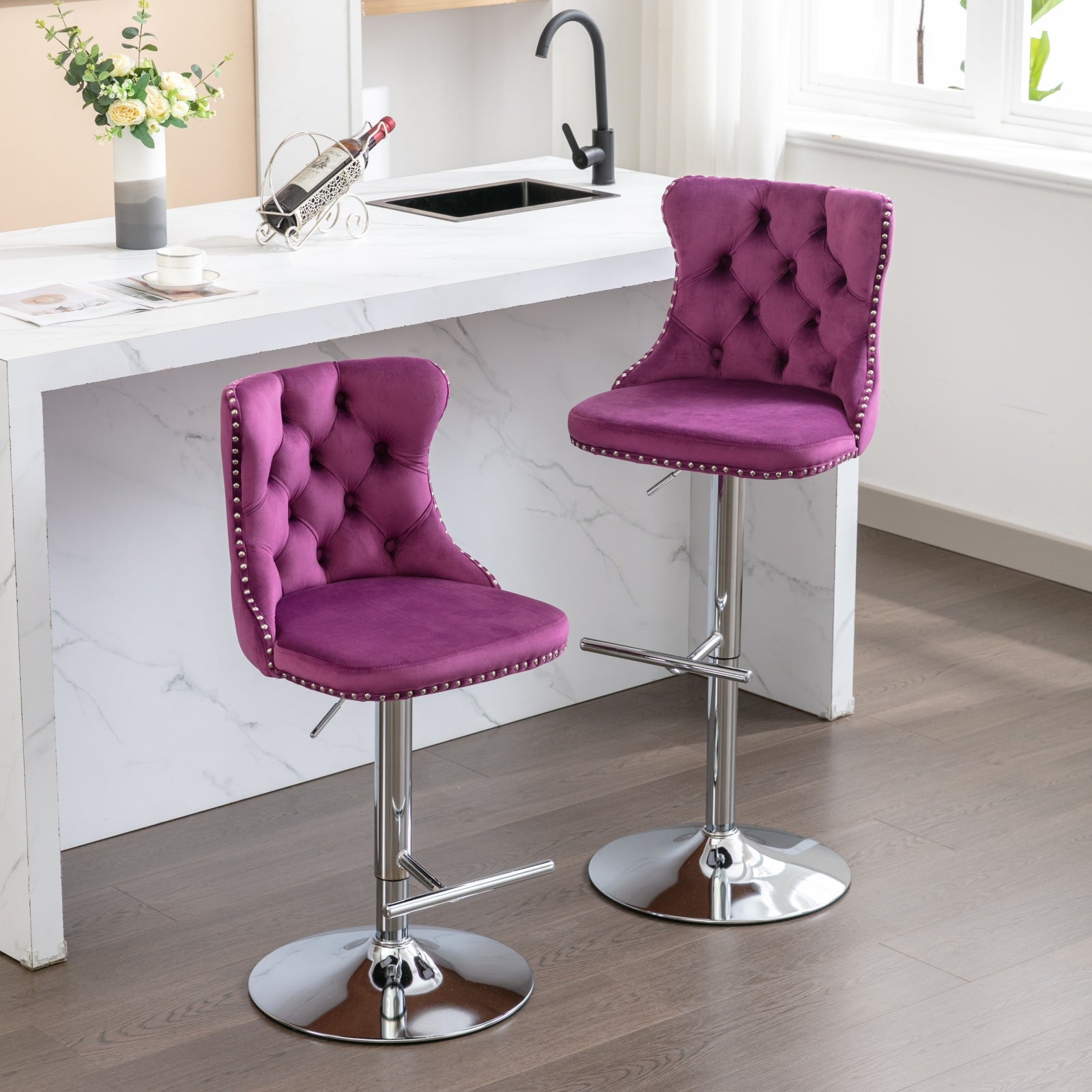 Plush purple velvet bar stool with tufted backrest and silver nailhead trim
