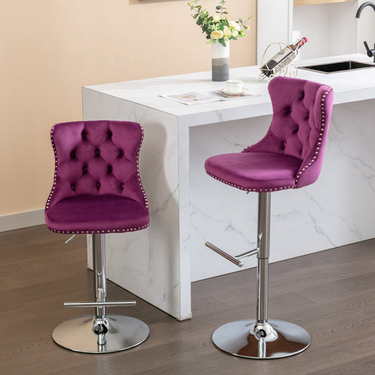 Adjustable purple velvet tufted bar stool with silver nailhead trim