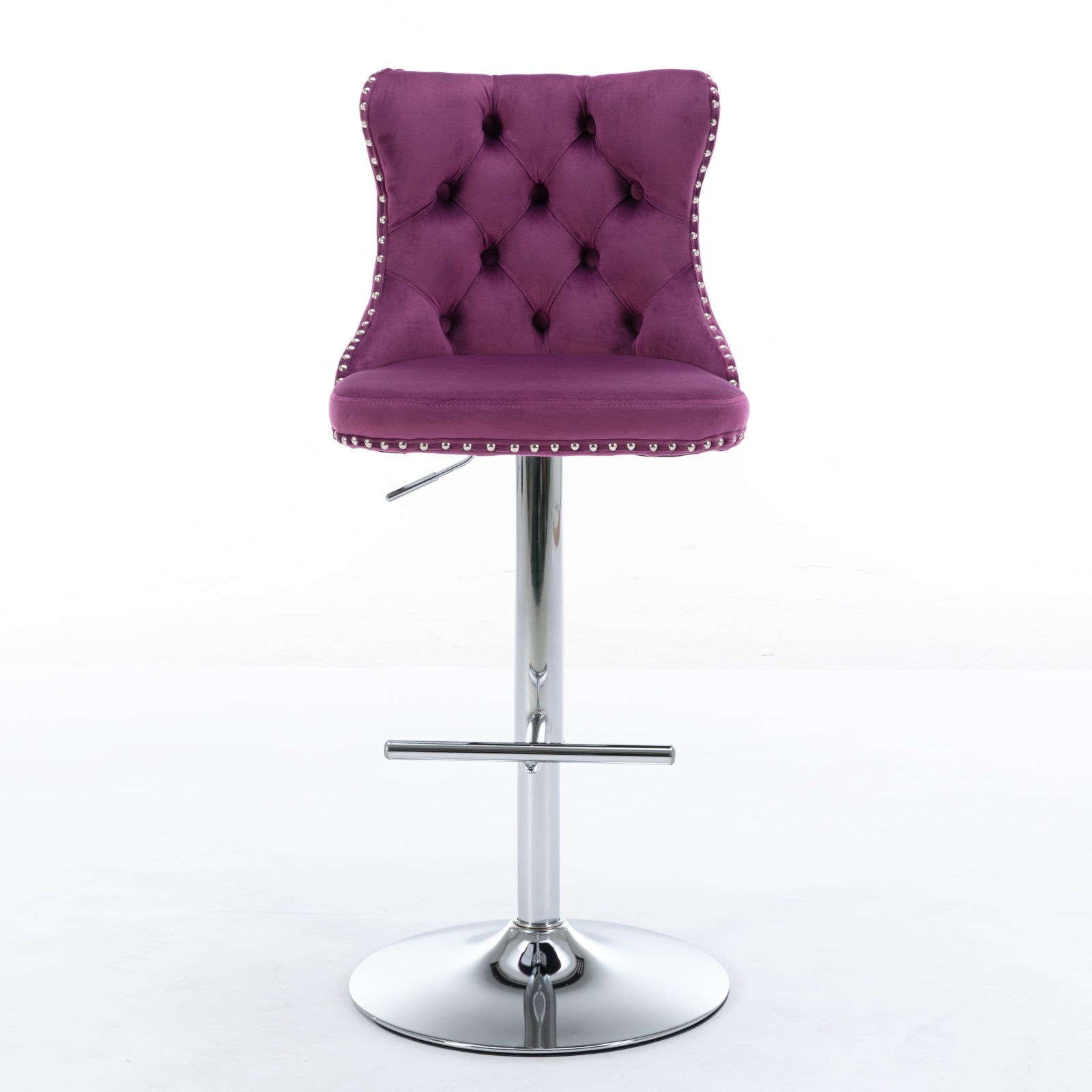 Purple velvet bar stool with tufted back and silver nailhead trim