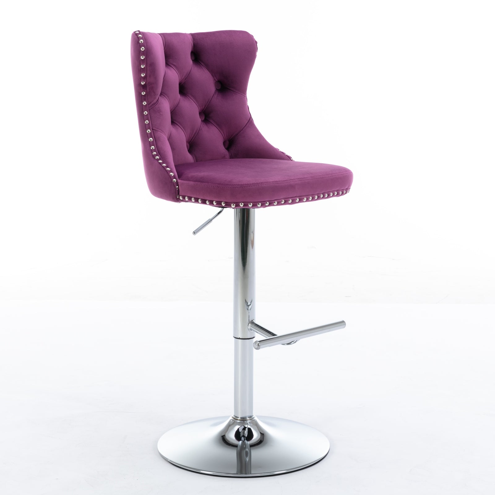 Purple velvet tufted bar stool with silver nailhead trim and chrome base