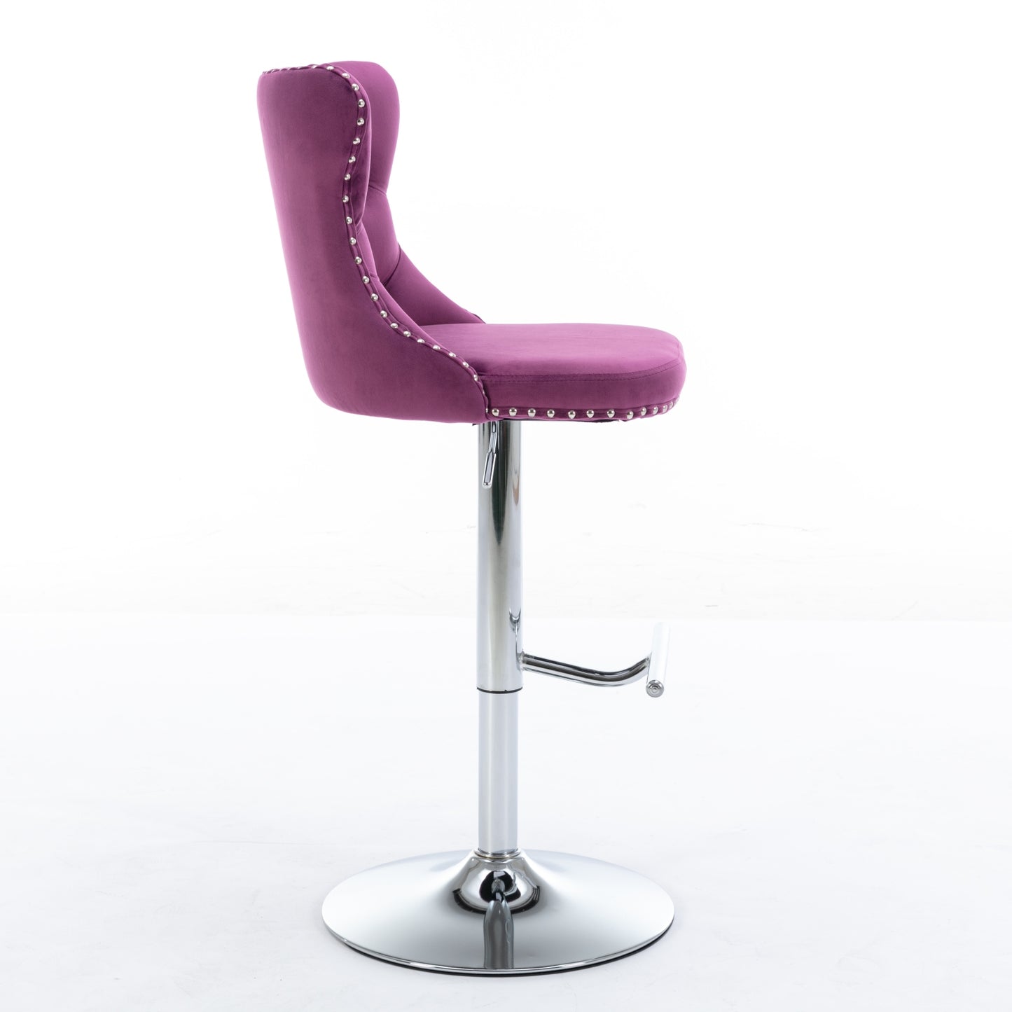 Purple velvet bar stool with silver stud trim and chrome base