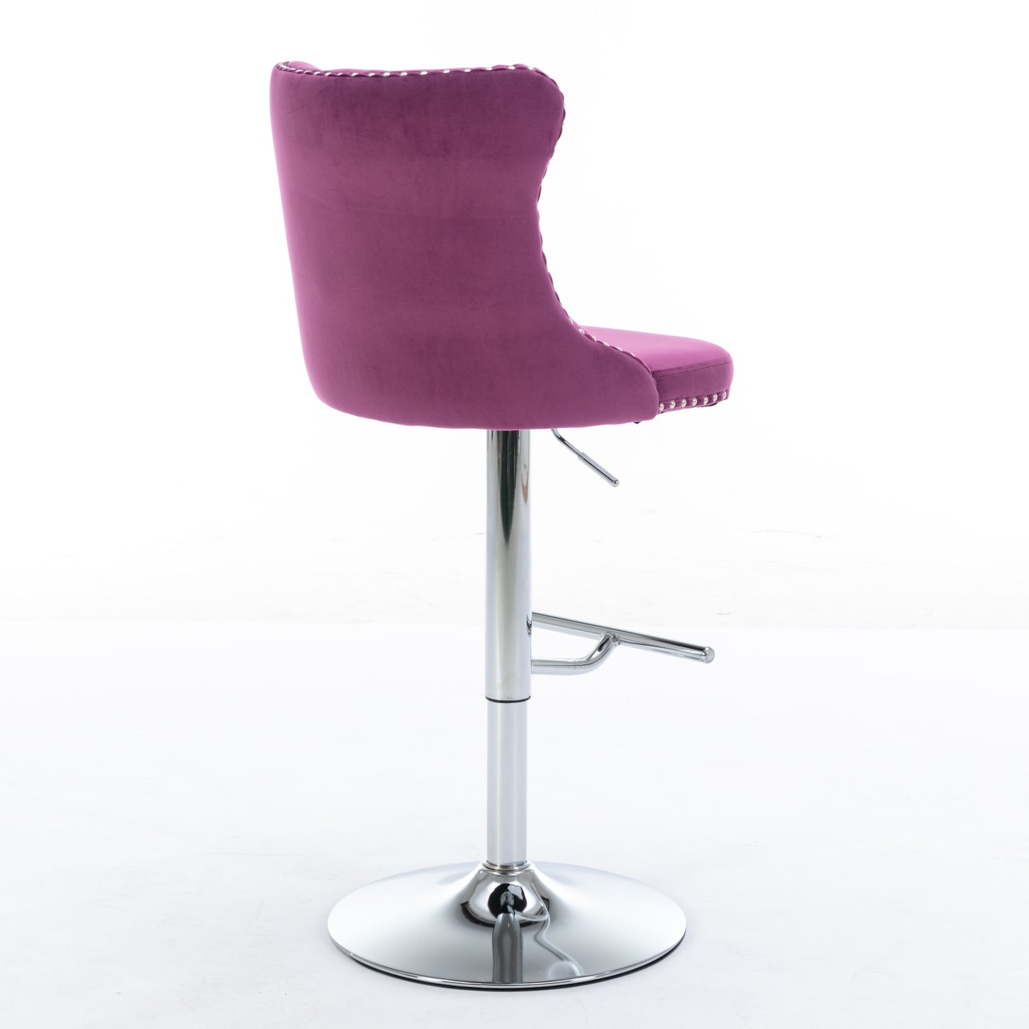 Plush purple velvet bar stool with chrome base and silver stud detailing